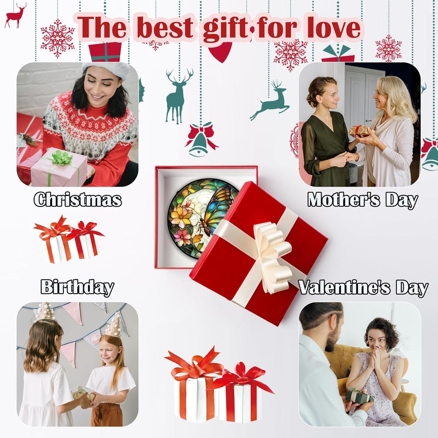 Stained Glass Window Hanging, Butterfly Flower Sun Catchers Diamond Glass Panel Hangings Insect Suncatcher Decor for Birthday for Women, Men, Wife, Aunt, and Mom 9.8 in