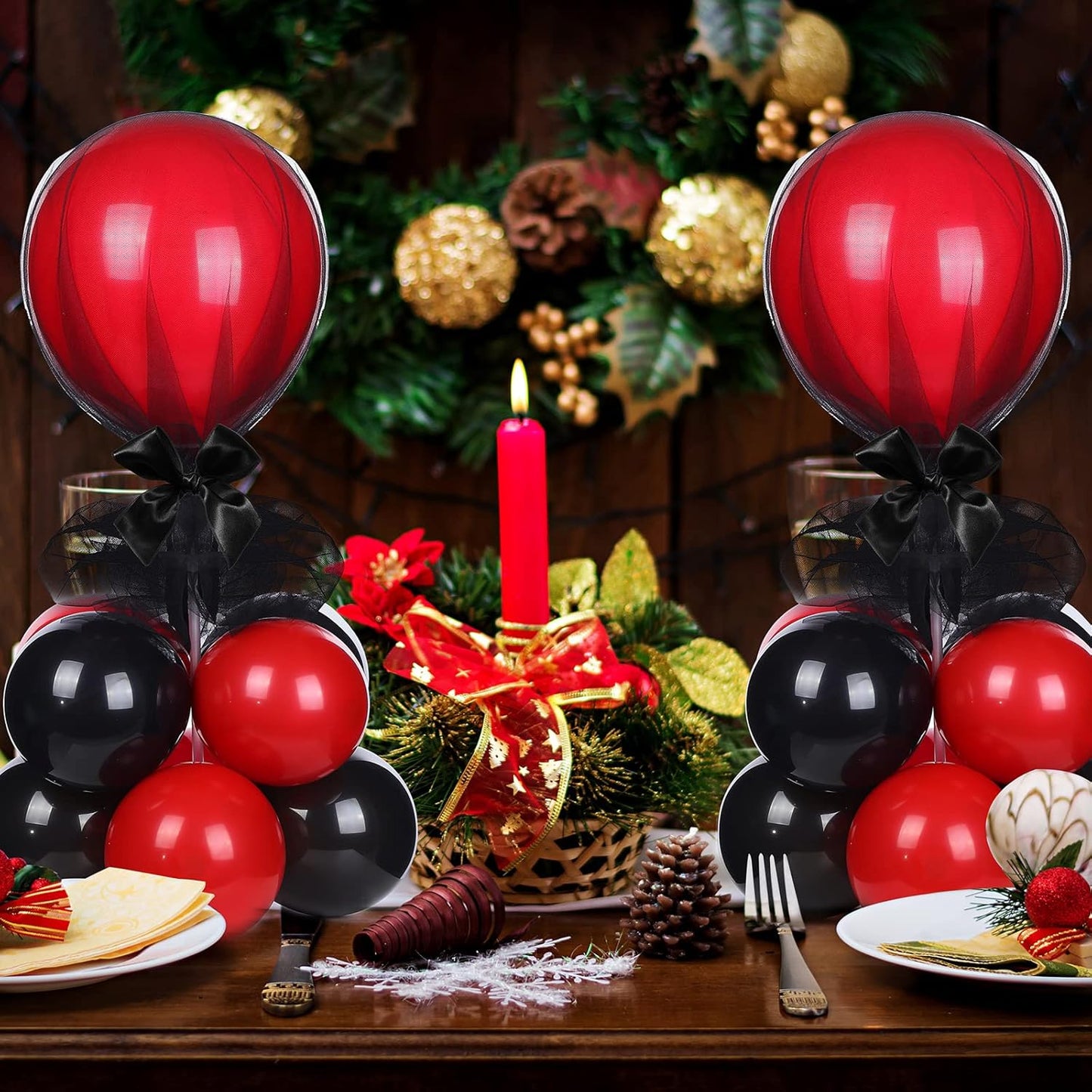 BBTO 8 Set Table Centerpieces Balloons Stand Kit, 80 Pcs Latex Balloons and Table Stand Holder with Base Tulle for Wedding Birthday Baby Shower Party(Black and Pomegranate Red)