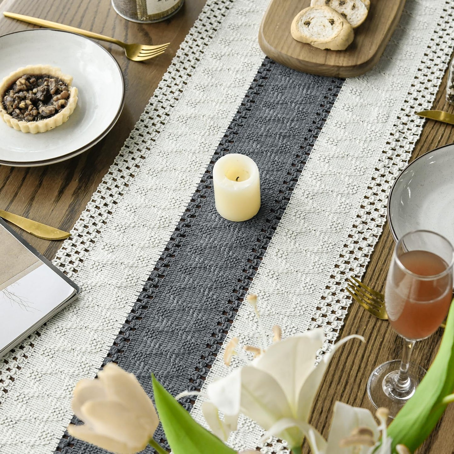 Artoid Mode Dark Grey Farmhouse Rustic Table Runner, Seasonal Holiday Hollow Kitchen Dining Table Decoration for Home Party Decor 12x36 Inch