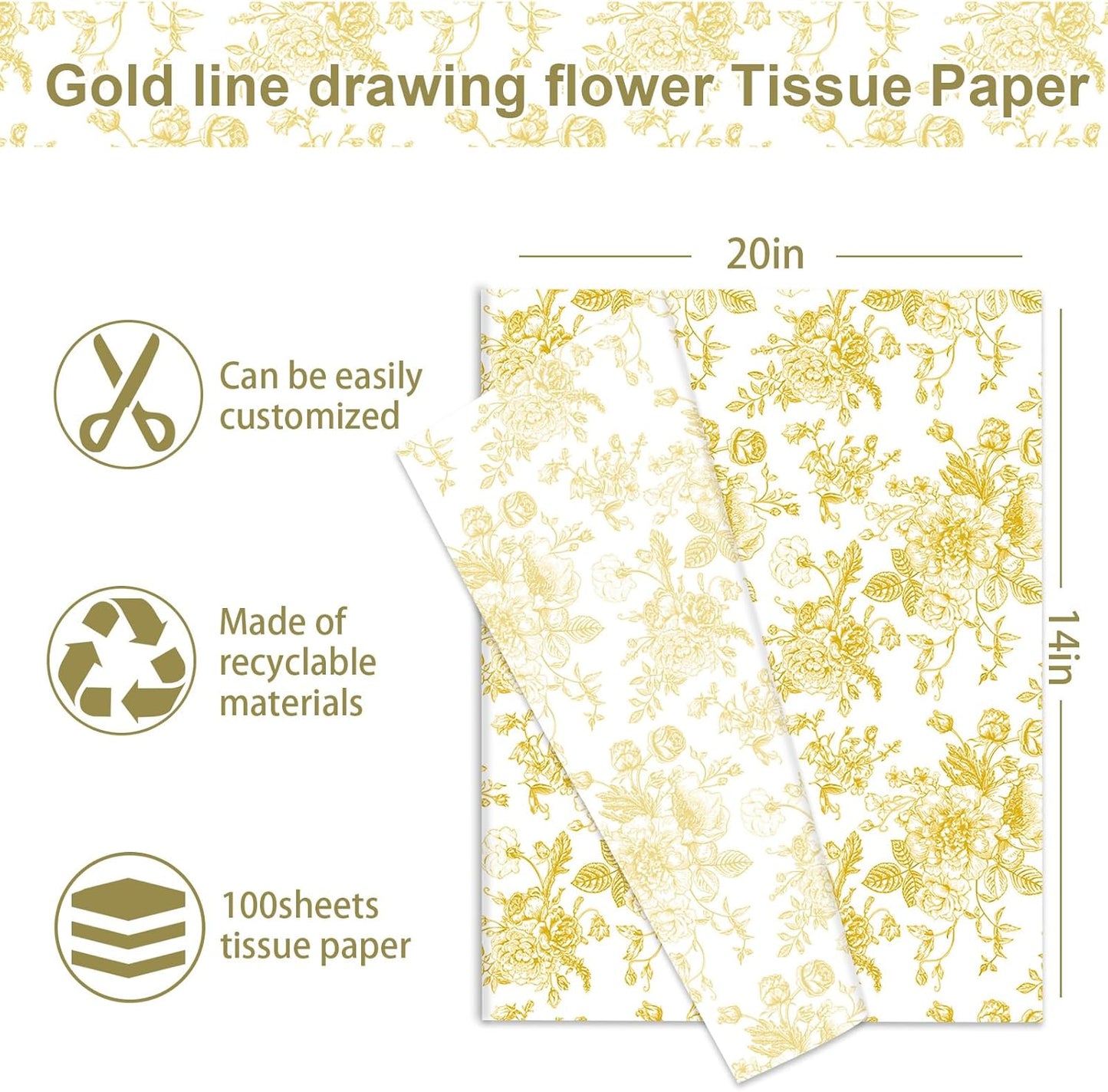 JarThenaAMCS 100 Sheets Floral Tissue Paper Gold Flower Gift Wrapping Paper Vintage Decorative Art Paper for Home Party DIY Crafts Supplies, 14 x 20 Inch