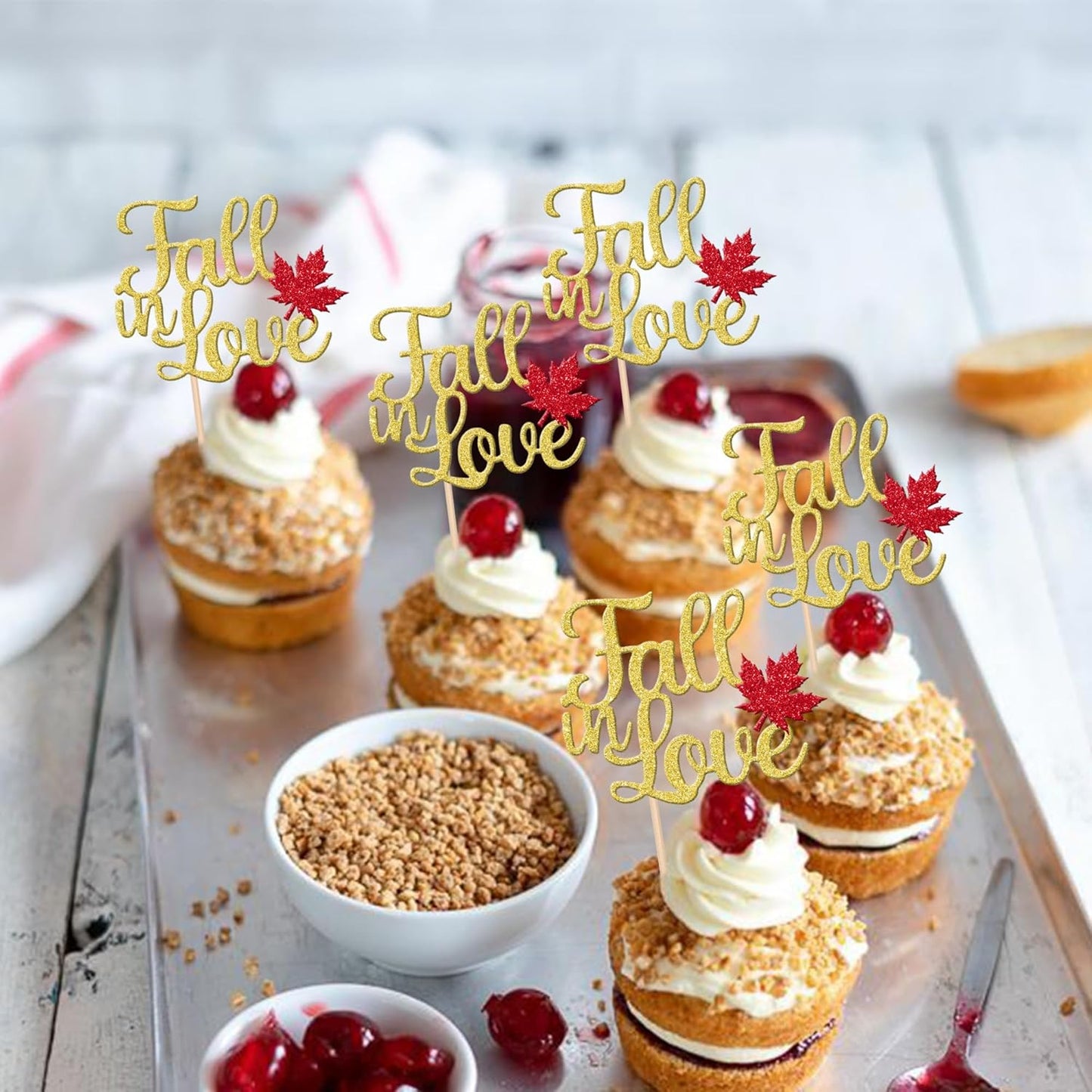 24 PCS Fall in Love Cupcake Toppers Glitter Maple Leaf Fall Theme Bridal Shower Cupcake Picks Wedding Engagement Cake Decorations for Autumn Wedding Anniversary Bridal Shower Party Supplies Gold