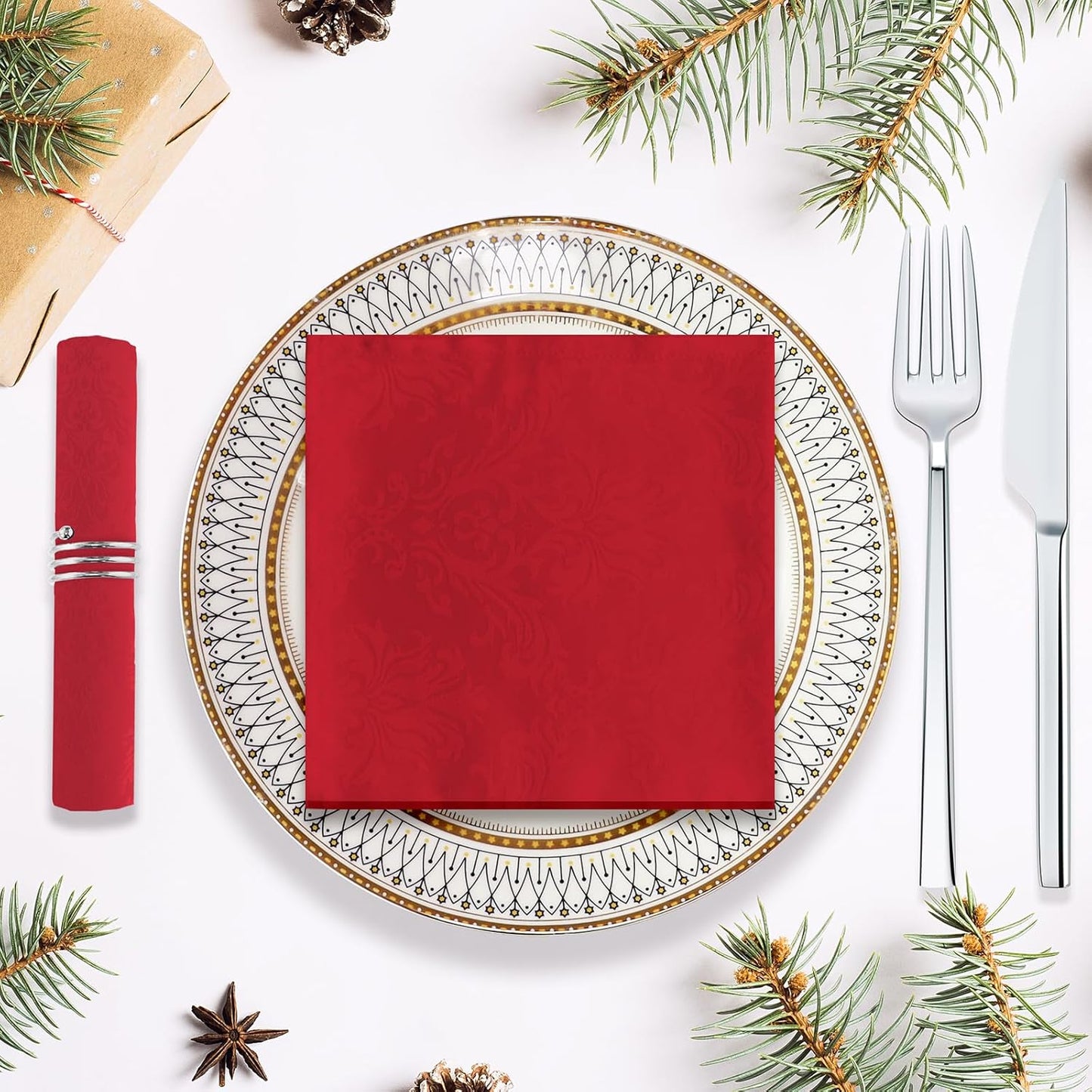 Christmas Red Jacquard Square Napkin, Damask Wrinkle Resistant Soft Polyester Napkins, Fabric Cloth Dinner Napkins for Wedding, Winter, Holiday, Xmas, Parties, Set of 4 (Red, 20X20 Napkin)