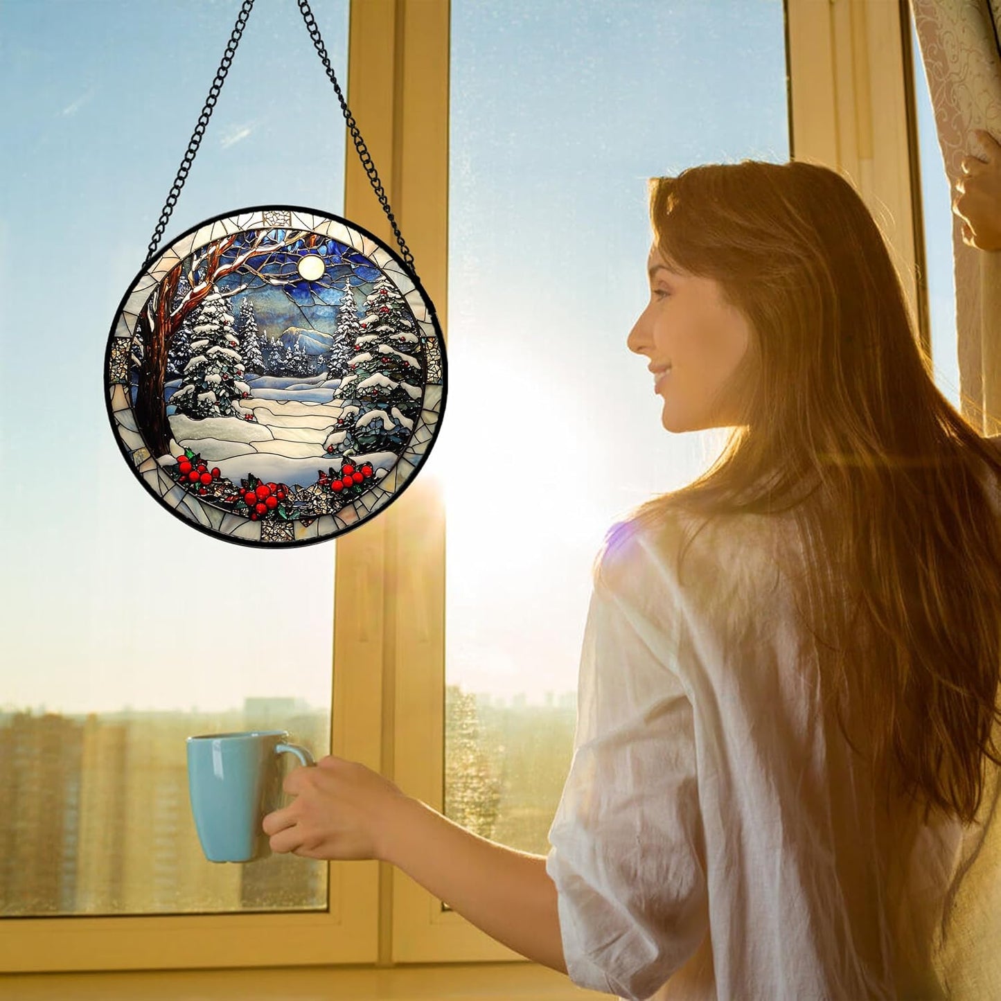 Stained Glass Window Hanging Christmas Tree Winter Snow Night Scenery 6.3" - Suncatcher Door Garden Kitchen Sun Catcher Home Decor Birthday for Mom Men Woman Friend