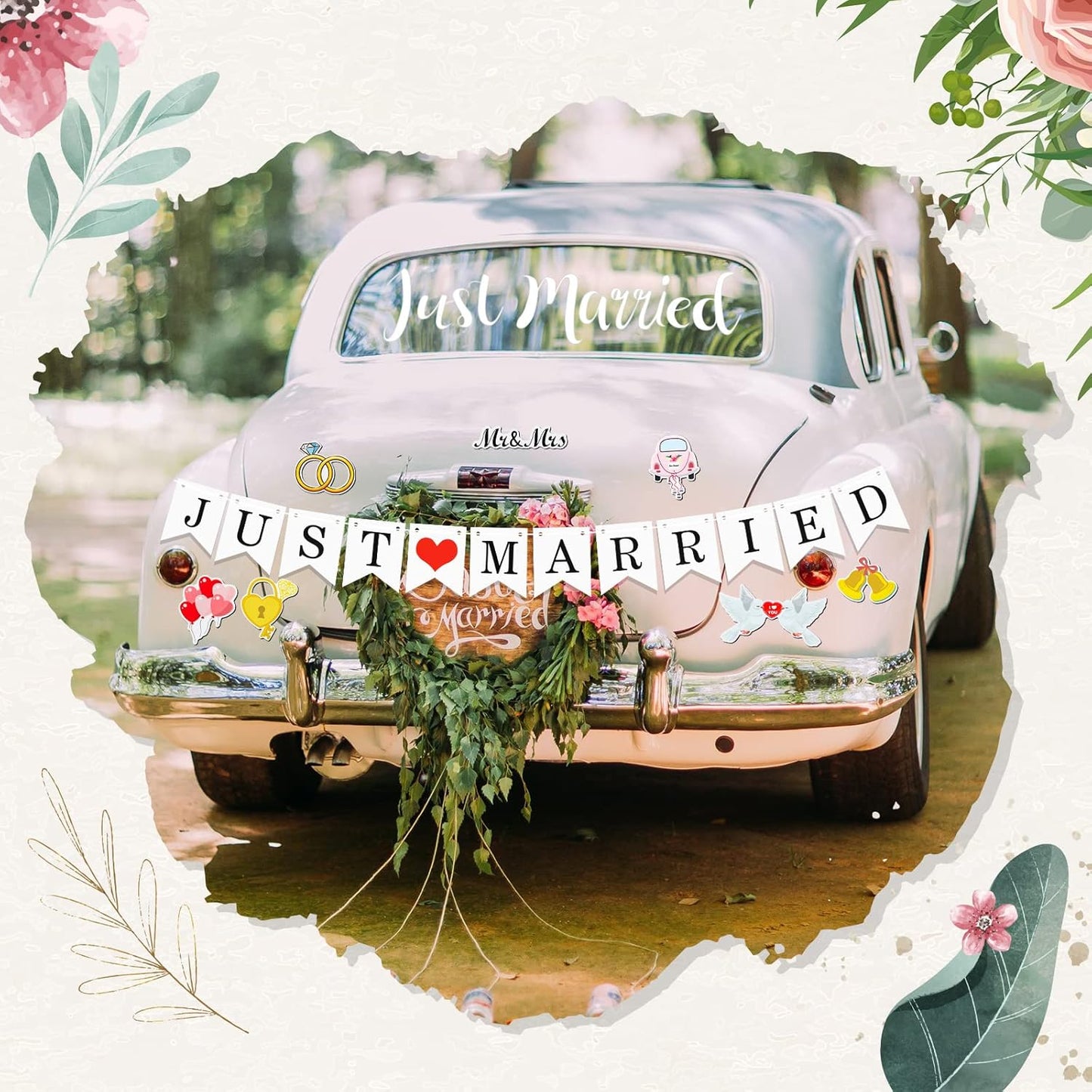 16 Pcs Just Married Car Decorations Include 14 Assorted Ornate Car Magnets Just Married Window Decal and Cardstock Sign Banner Wedding Decorations for Bridal Shower Honeymoon Photo Props