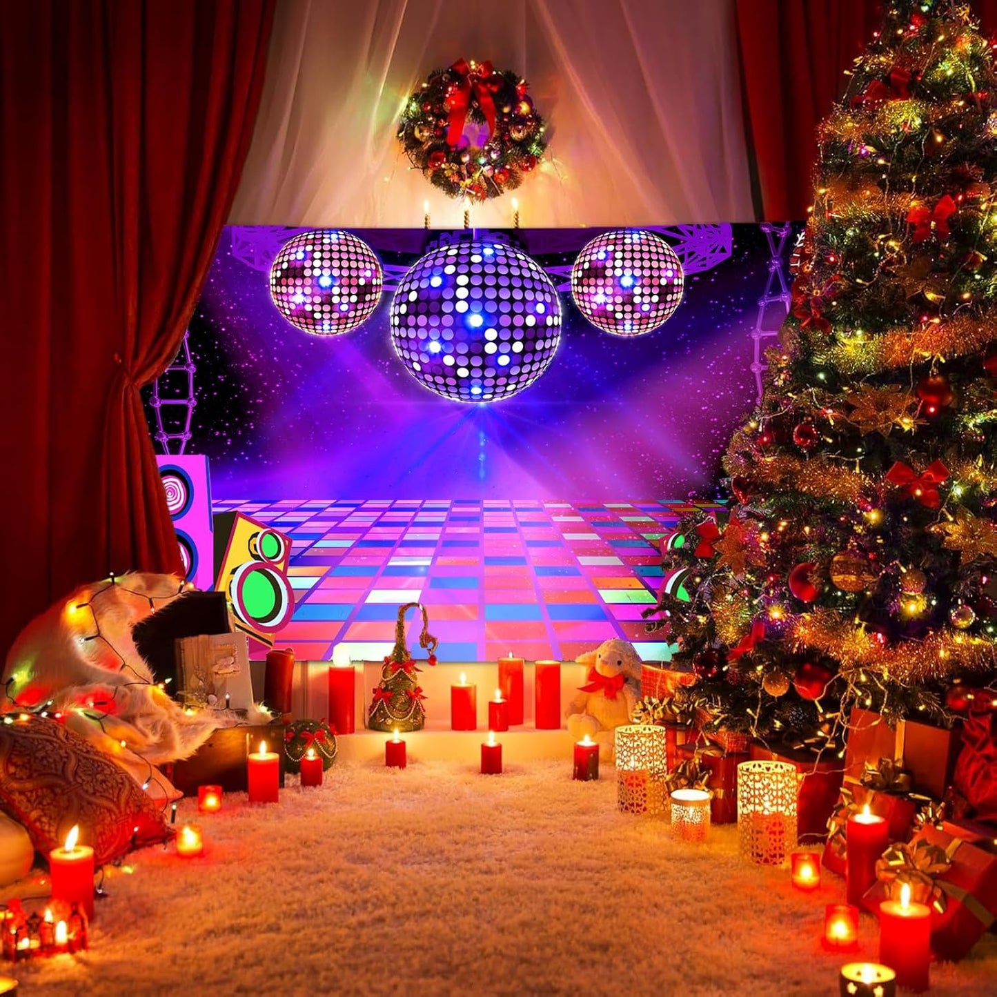 Dance Party Backdrop Retro 80s 90s Theme Stage Dance Ball Music Birthday Party Decoration DJ Photography Background 15 x 10 ft for Baby Shower Picture Photo Shoot Polyester Fabric,Purple