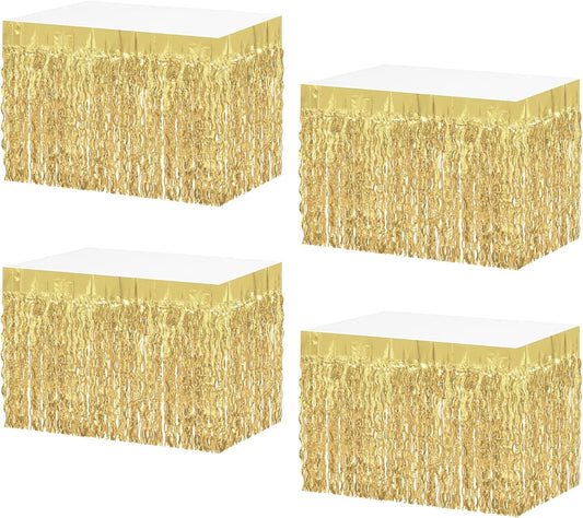 4P Wavy Metallic Tinsel Foil Fringe Table Skirts for Rectangle Tables Backdrop Garland Curtains for Parade Floats Wedding Birthday Parties Decoration Graduation 2025 Christmas (Light Gold)