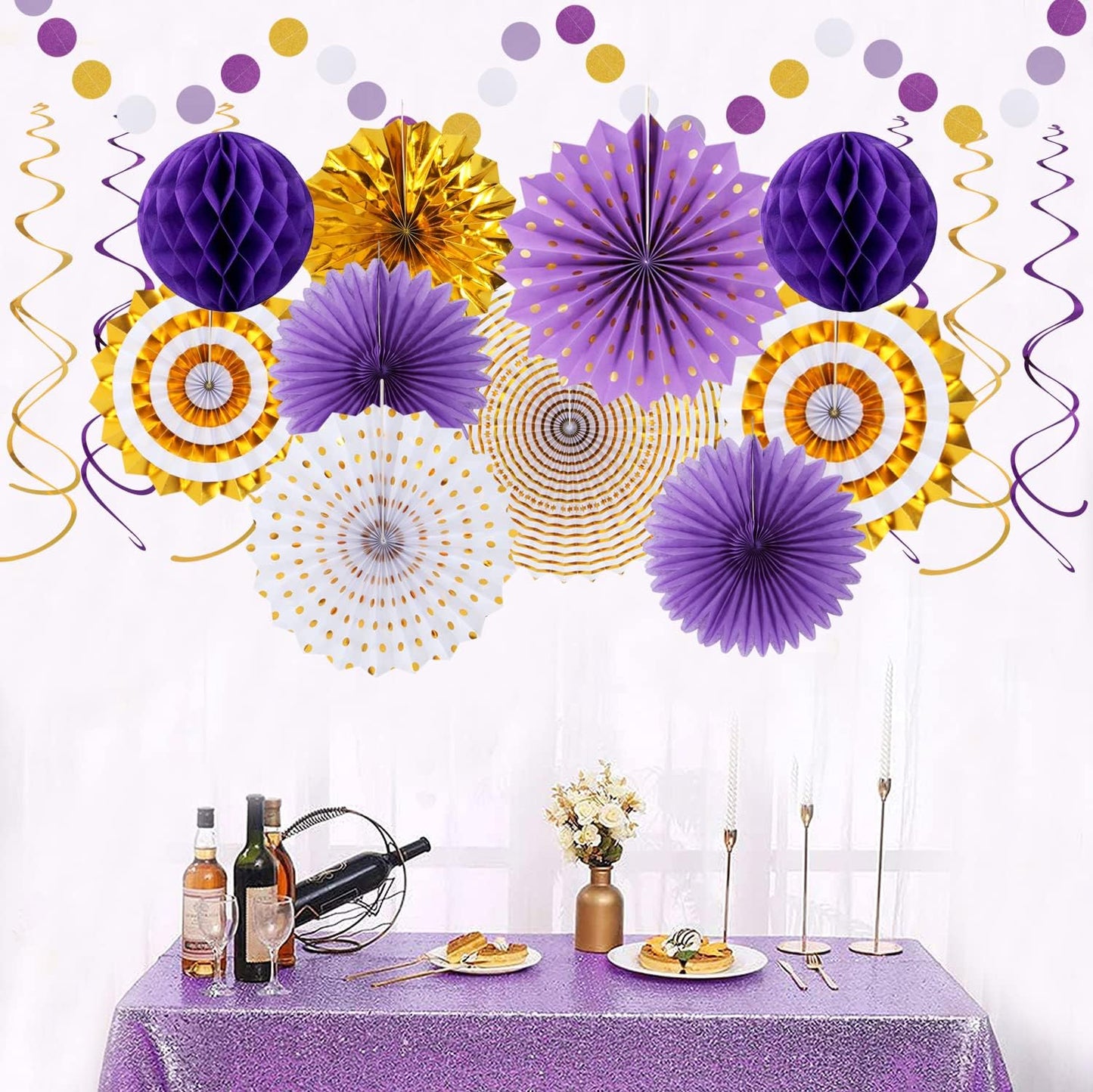 Purple-Gold Graduation Party-Decoration - 33pcs Kits Banner, Streamers Tassel Garland,Tissue Pom Poms Honeycomb, Paper Lantern Fans,Wedding Girl Birthday Baby Bridal Shower Decor Hugtmr