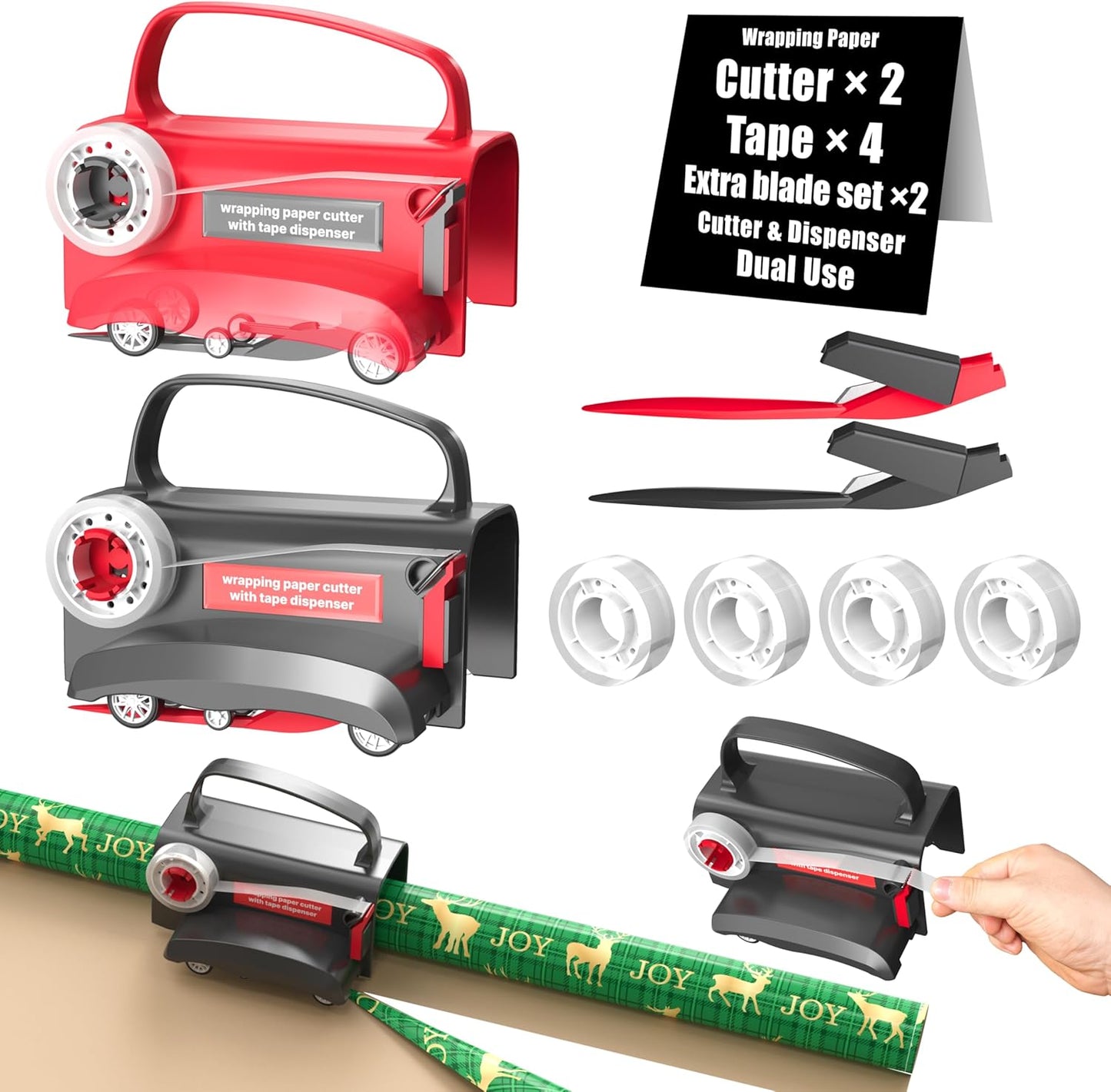 (2-Pack) Wheel Wrapping Paper Cutter & Tape Dispenser with 4 Tapes，2 Replace Blades Kit for Christmas Gift Wrap Cutter Tool Paper Roll Holder Tube Sliding Slicing for Birthday Holiday.