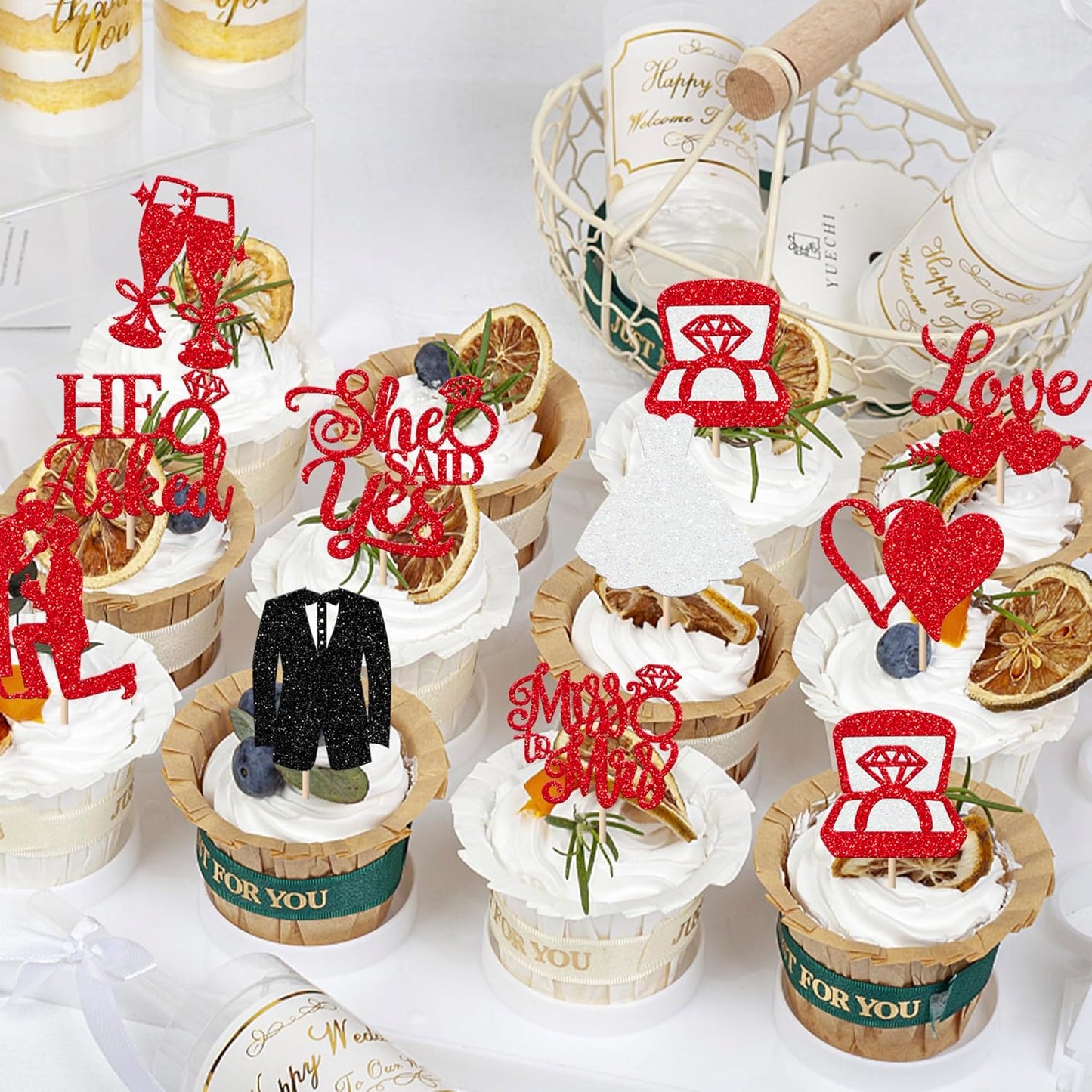30 Pack Bride to be Cupcake Toppers Glitter Diamond Ring Love I Do Cupcake Picks Miss to Mrs He Asked She Said Yes Bridal Shower Wedding Engagement Bachelorette Cake Decorations Party Red