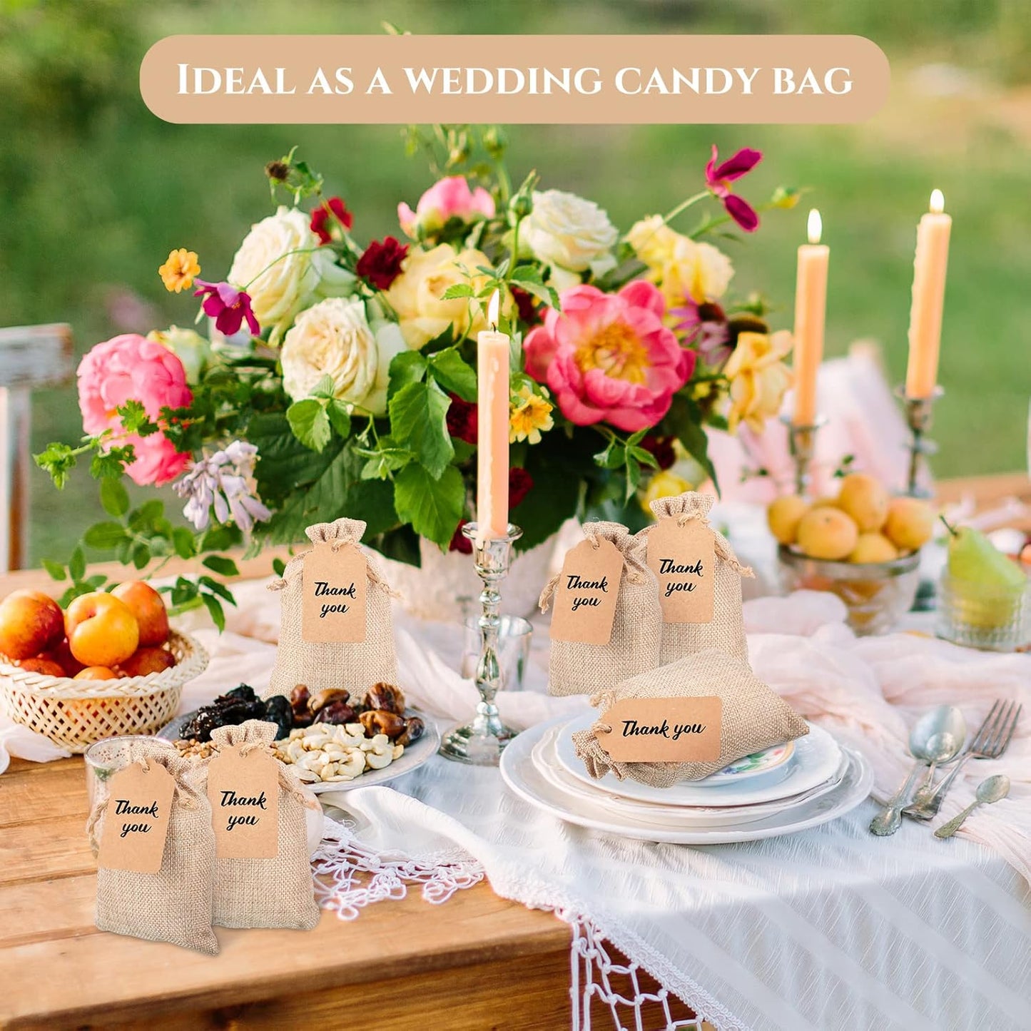 Woanger 100 Pcs Burlap Gift Bags with 100 Pcs Kraft Paper Gift Tags Drawstring Favor Bulk Burlap Sack Bags for DIY Wedding Party Craft(3 x 4 Inch,Light Brown)