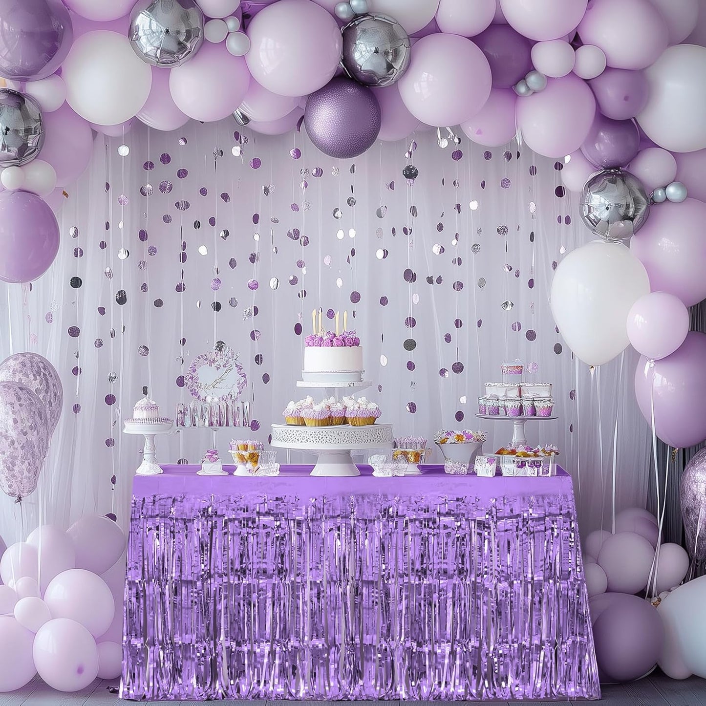 4 Pack Light Purple Table Skirts, 29x108" Metallic Foil Tinsel Fringe Table Skirts for Rectangle Tables Streamer Curtains Backdrop, Party Decorations for Birthdays Weddings Holidays