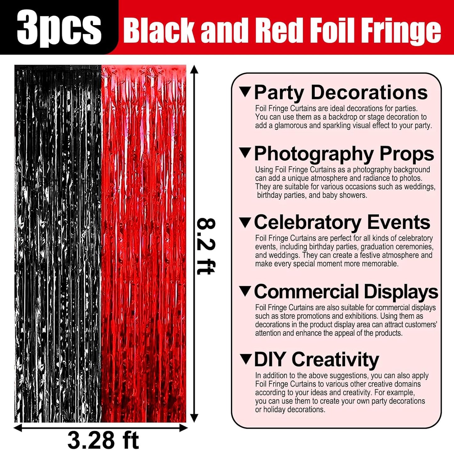 3 Pack Black Red Foil Fringe Curtain Backdrop, 3.28Ft x 8.2Ft Metallic Tinsel Foil Fringe Streamer Curtains for Photo Booth, Christmas Day, Thanksgiving, Wedding, New Year Party Decorations