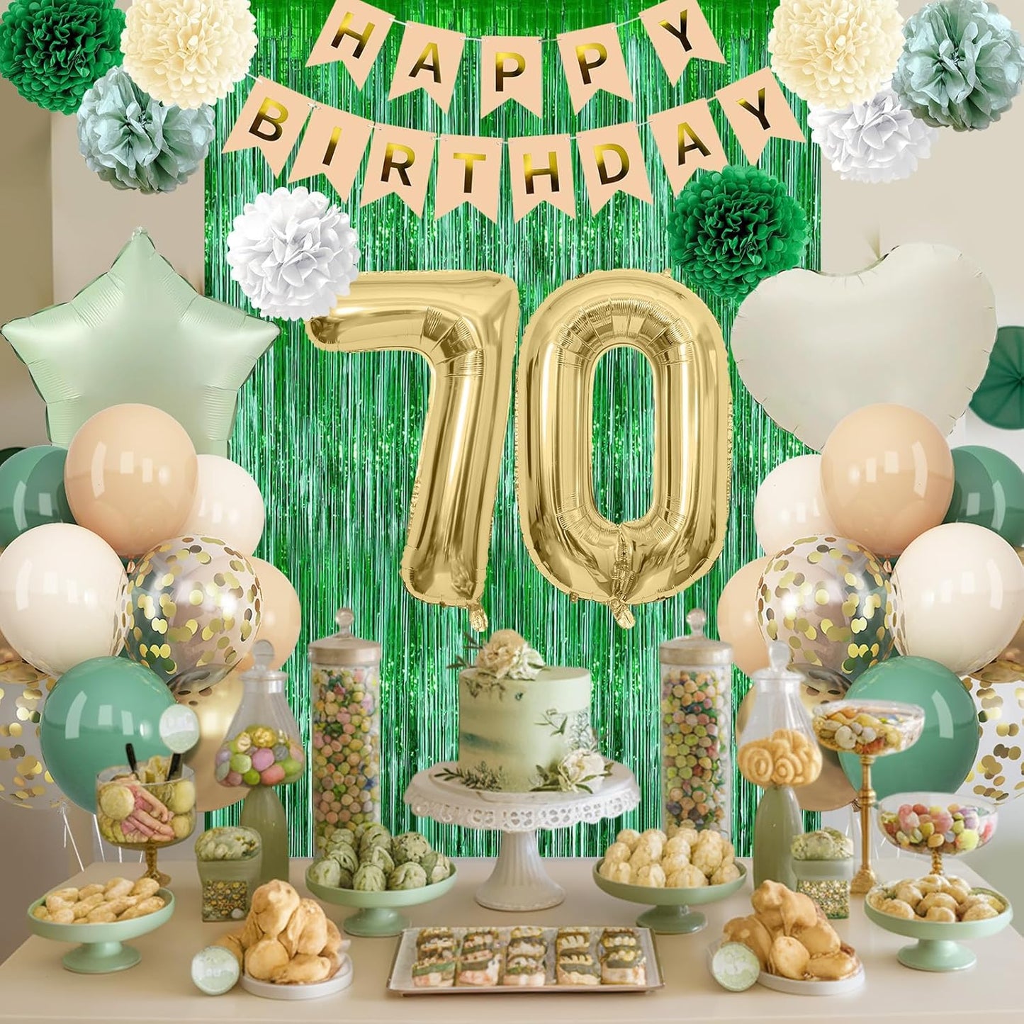 Sage Green 70th Birthday Decorations for Men Gold Number 70 Balloon Nude Gold Happy Birthday Banner Fringe Curtain Paper Pom Poms Olive Green Cream White Sand Star Foil Balloons Party Decor