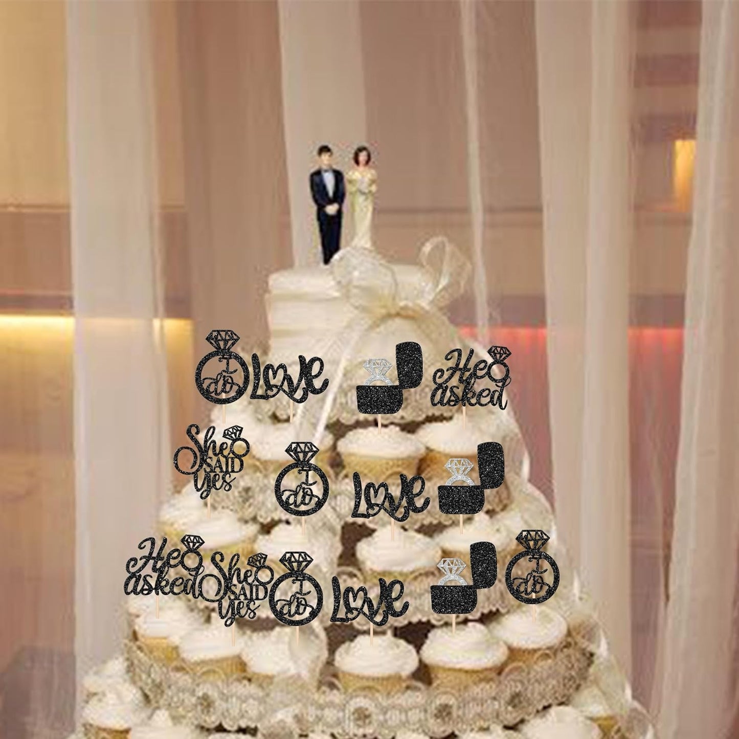 30 PCS He Asked She Said Yes Cupcake Toppers Love I Do Diamond Ring Cupcake Picks for Wedding Enaggement Bridal Shower Party Cake Decorations Supplies Black