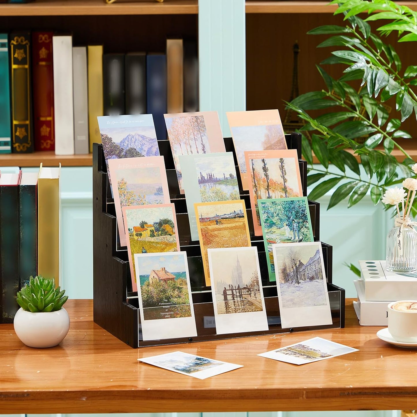 4 Tier Greeting Card Display Stand Black Bamboo and Acrylic Sticker Display Stand Trading Card Holder Retail Photos Shelf for Vendors Craft Collection & Show