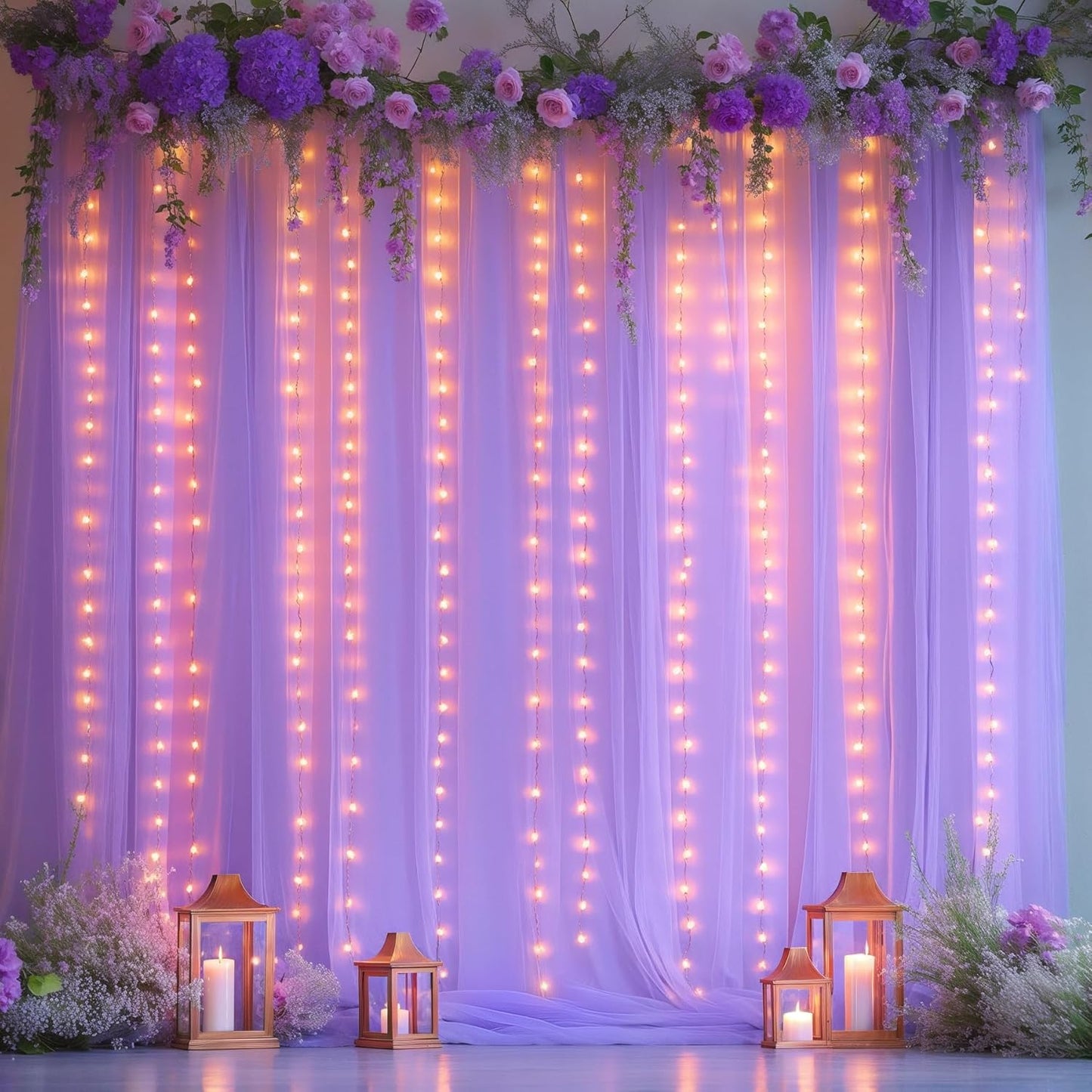 10x10ft Lavender Tulle Backdrop Curtains with Lights for Party Wedding Baby Shower, Sheer Wrinkle Free Backdrop Curtains for Birthday Party Photo Booth Background Decoration