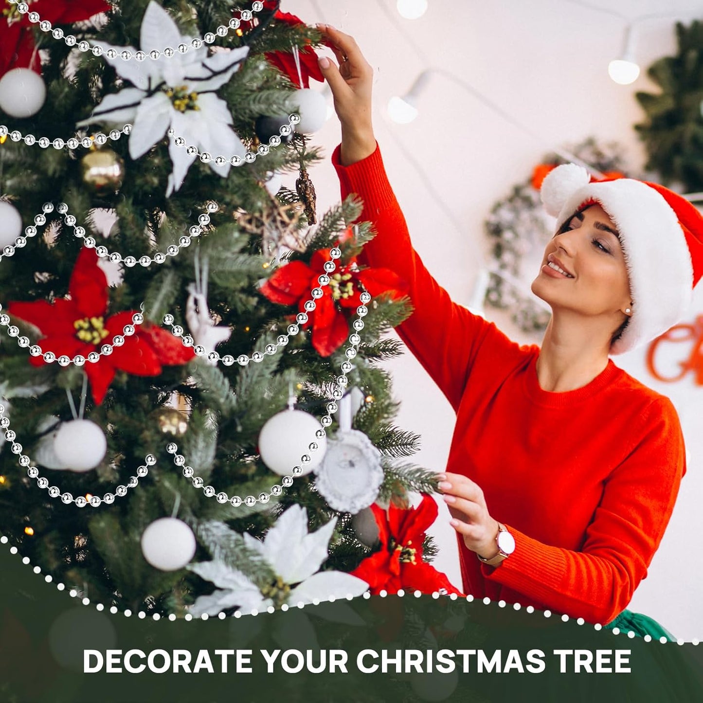 Craft String Pearls 8MM Pearl Bead, 33 Feet Silver Faux Pearl Garland Spool Roll Strand Wedding Party Decoration, Christmas Tree Decorations