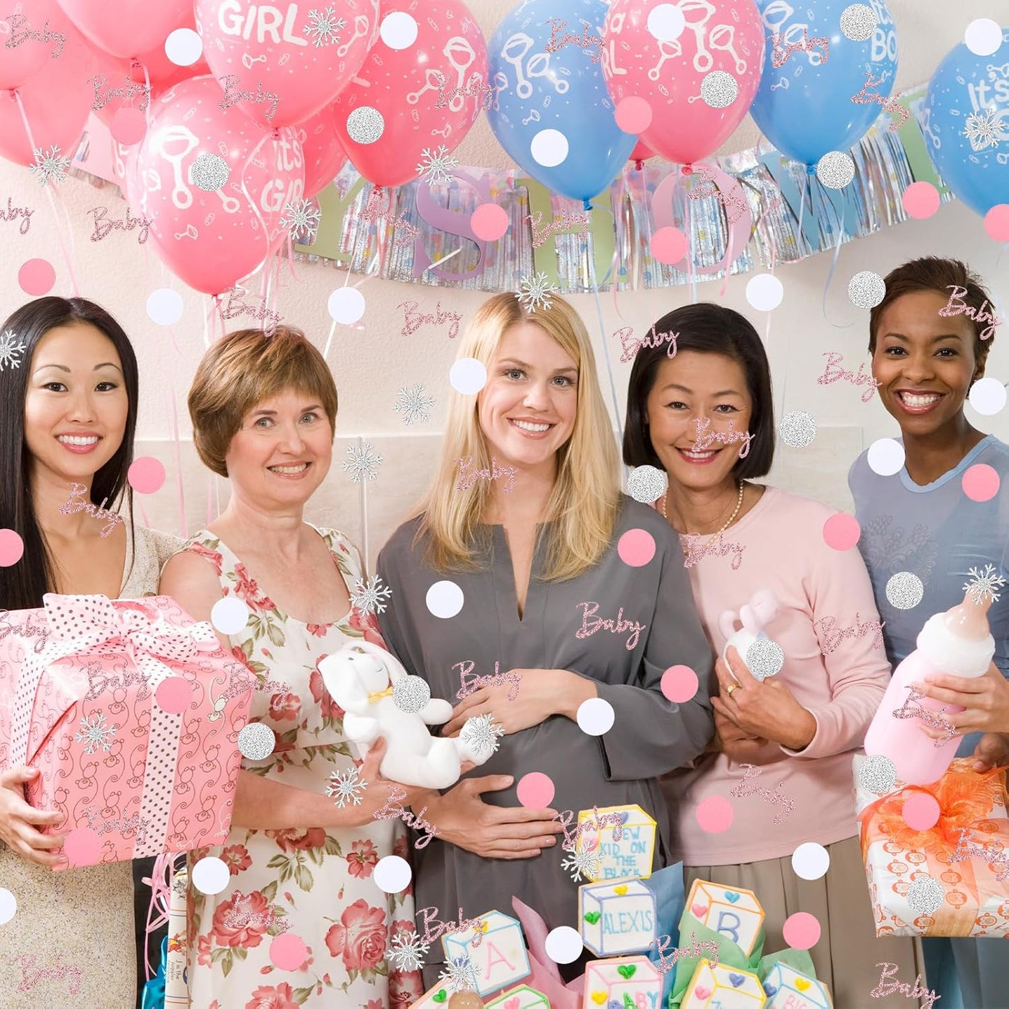 MARFOREVER Winter Baby Shower Table Confetti, 200 Pcs Glitter Pink Silver Snowflake Table Decorations Winter Gender Reveal Sprinkle for Winter Birthday Party Baby Shower Decorations(Pink)