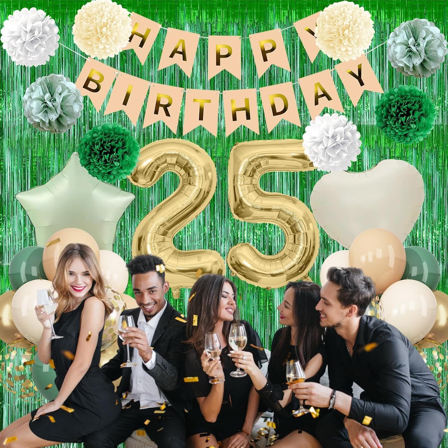 Sage Green 25th Birthday Decorations for Him Gold Number 25 Balloon Nude Gold Happy Birthday Banner Fringe Curtain Paper Pom Poms Olive Green Cream White Sand Star Foil Balloons Party Decor
