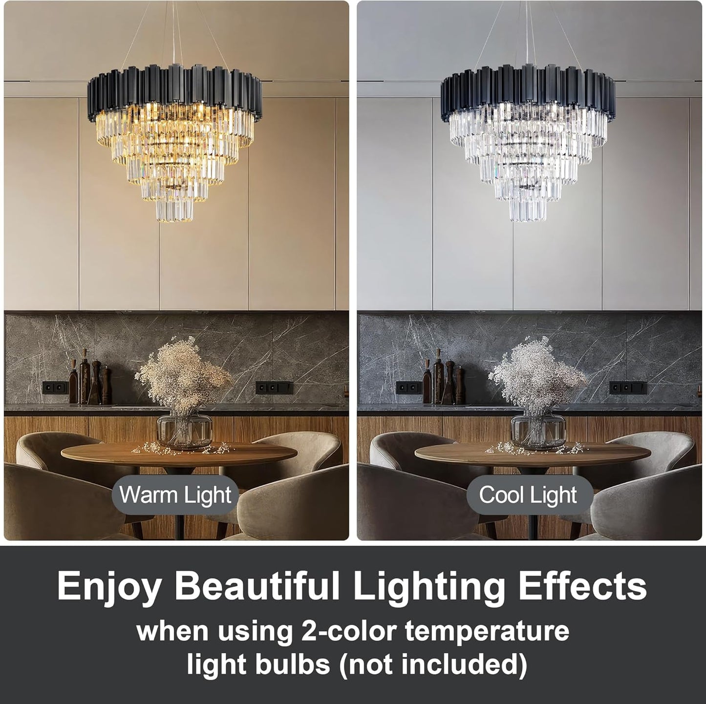 27.5" Black Crystal Chandelier, 9-Light Modern Luxury Round Chandelier, 5-Tier Contemporary Tiered Chandeliers Light Fixture for Dining Room, Living Room, Bedroom, Foyer, Entryway, Kitchen