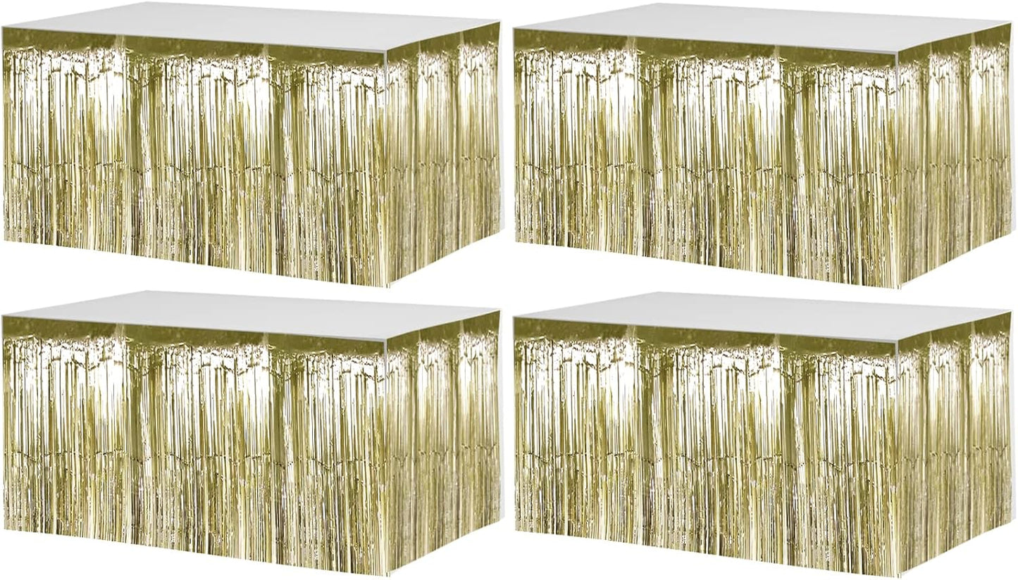 4 Pack 29x108 Inch Metallic Foil Fringe Tinsel Table Skirts for Rectangle Tables Streamer Backdrop for Wedding, Birthday, Parade Floats, Christmas, Halloween Party Decoration(Light Gold)