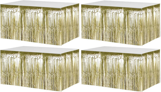 4 Pack 29x108 Inch Metallic Foil Fringe Tinsel Table Skirts for Rectangle Tables Streamer Backdrop for Wedding, Birthday, Parade Floats, Christmas, Halloween Party Decoration(Light Gold)