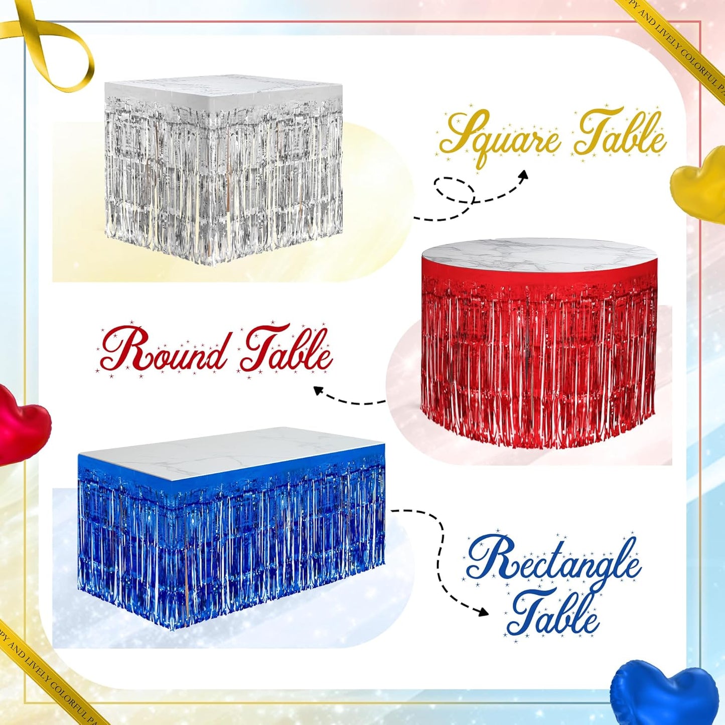 3 Pack Red Dark Blue Silver Table Skirts, 29x108" Metallic Foil Tinsel Fringe Table Skirt for Rectangle Tables Streamer Curtains Backdrop, Party Decorations for Birthdays, Weddings, Holidays