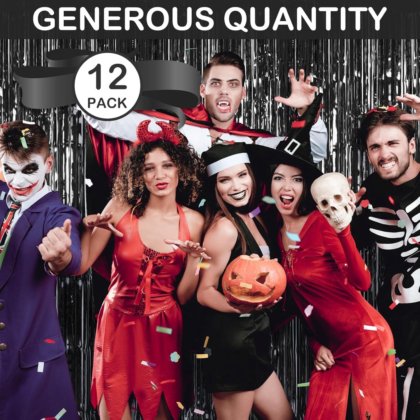 Black Fringe Curtain Party Streamers, 12 Pack 3.3ft x 8.2ft Foil Curtain Backdrop Tinsel Foil Fringe Curtains Photo Booth Backdrop Streamer for Birthday, Wedding, Baby Shower, Disco Party