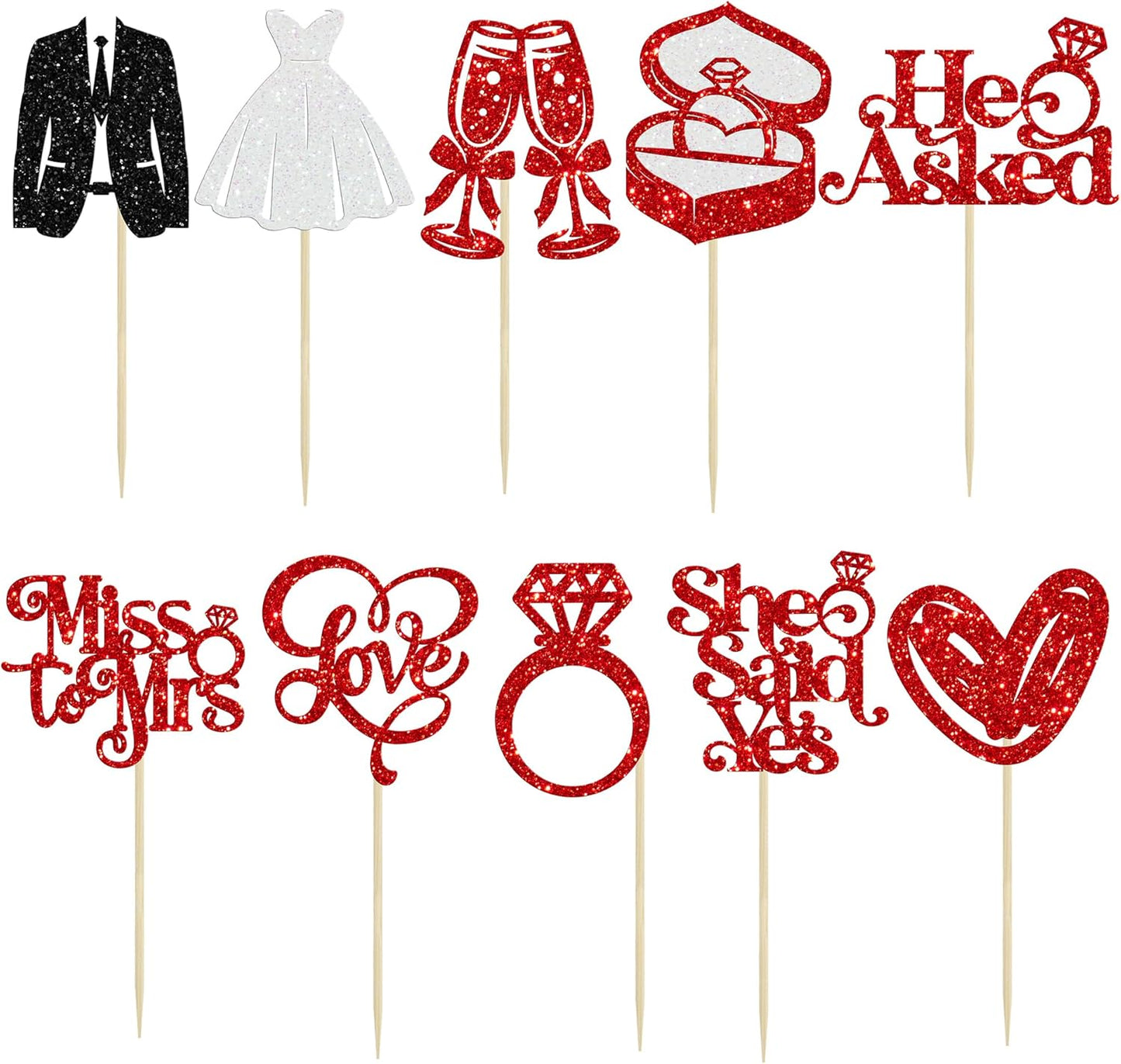 Gyufise 30Pcs She Said Yes Cupcake Toppers Glitter Diamond Ring I Do Love Cupcake Picks Miss to Mrs He Asked Bridal Shower Wedding Engagement Bachelorette Cake Decoration Red