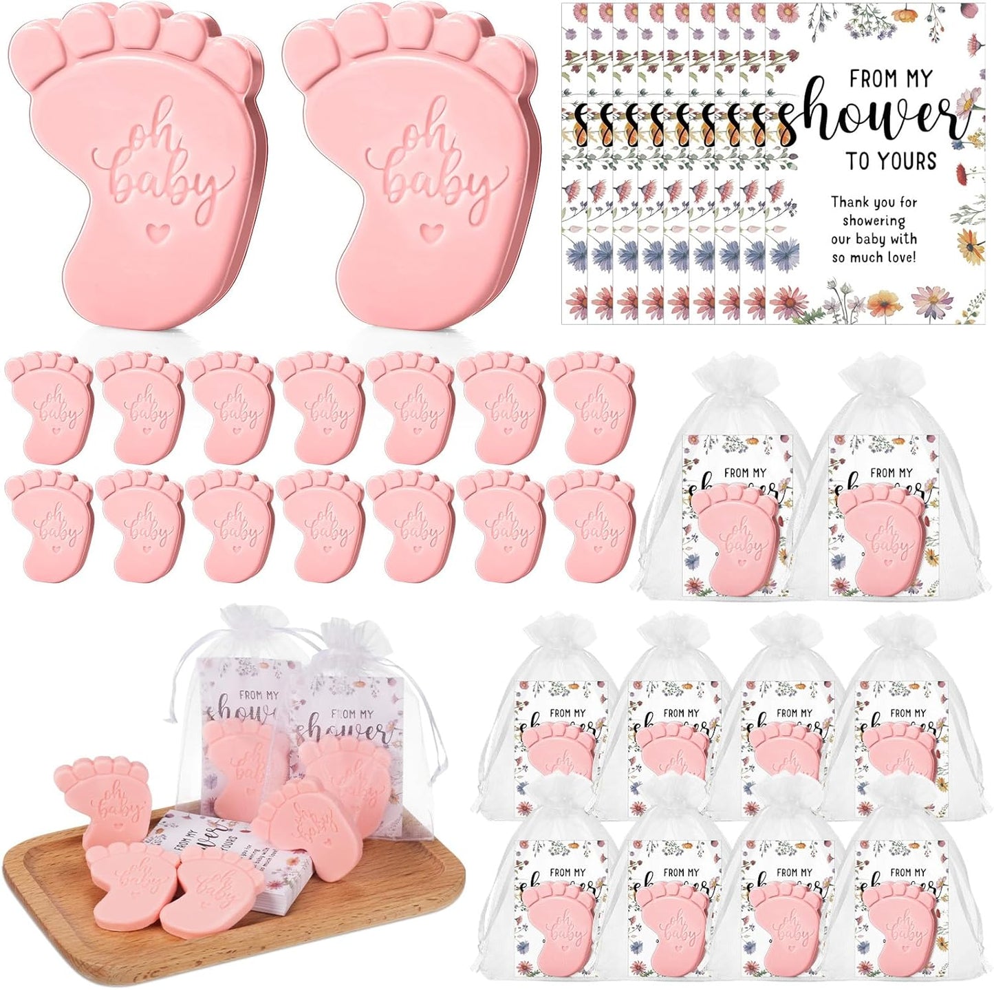 50 Sets Baby Shower Soap Favors for Guests - Mini Handmade Footprint Scented Soap with Thank You Cards and Organza Bag, Party Gifts for Gender Reveal Baptism Shower(Pink)