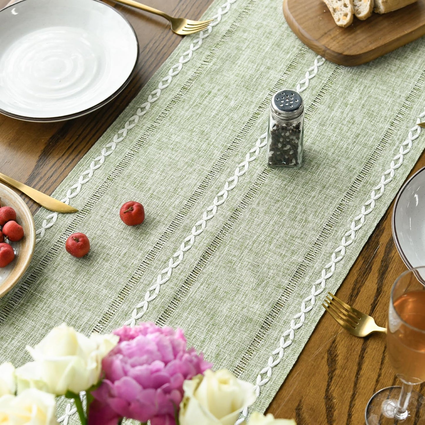 Artoid Mode Sage Green Rustic Cotton Linen Table Runner, Seasonal Embroidered Hollow Kitchen Dining Table Decoration for Home Party Decor 13x90 Inch