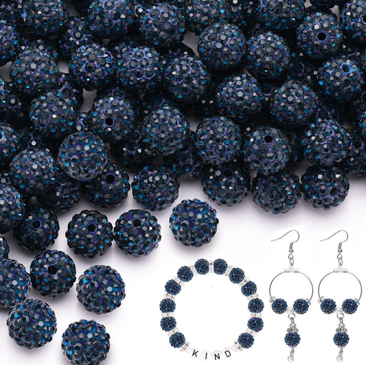 100pcs 10mm Rhinestone Beads for Jewelry Making, Blue Black Shiny Round Shamballa Disco Ball Beads Bulk, Sparkle Crystal Clay Christmas for Bracelet Baseball Necklace Earring Crafting and DIY