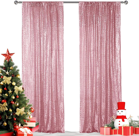 Hahuho Rose Pink Sequin Backdrop Curtain, 2PCS 2FTx8FT Glitter Backdrop Curtain for Parties, Christmas, Wedding, Banquet Decoration（2 Panels, 2FT x 8FT, Rose Pink）