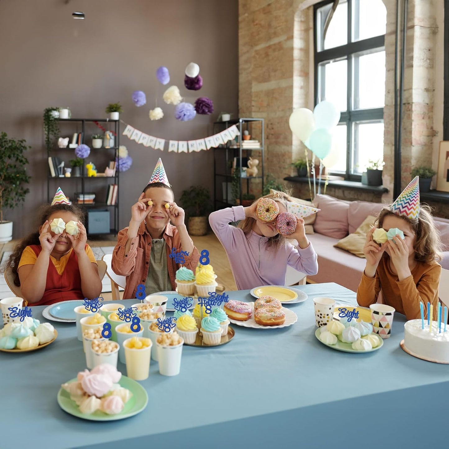 30Pcs 8th Birthday Cupcake Toppers Glitter Eight Hello 8 Cupcake Picks Cheers to 8 Years Old Cake Decorations for 8th Birthday Party Supplies Deep Blue