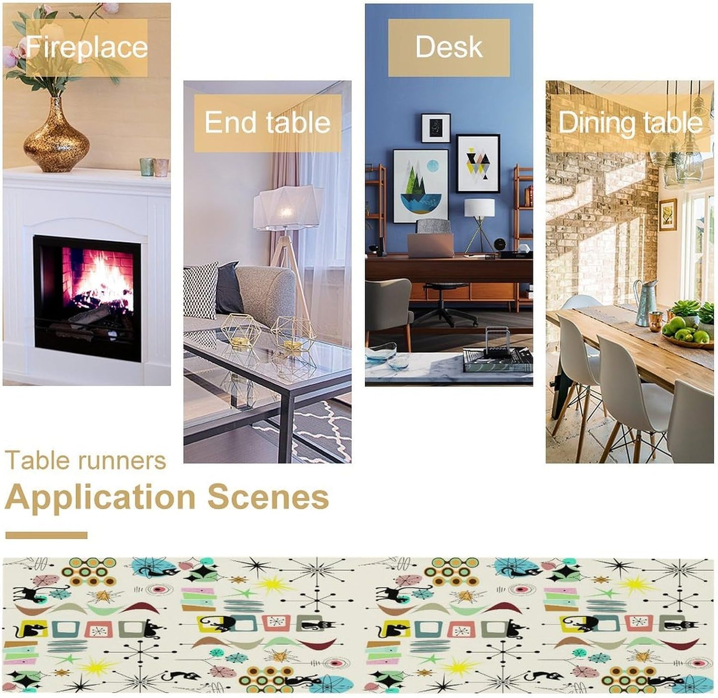 Colorful Geometric Table Runner,Vintage Mid Century Cute Cat Abstract Morden Print Tablecloth Burlap for Hotel Indoors Outdoor Dining Room Kitchen Home Decor, 13x36in