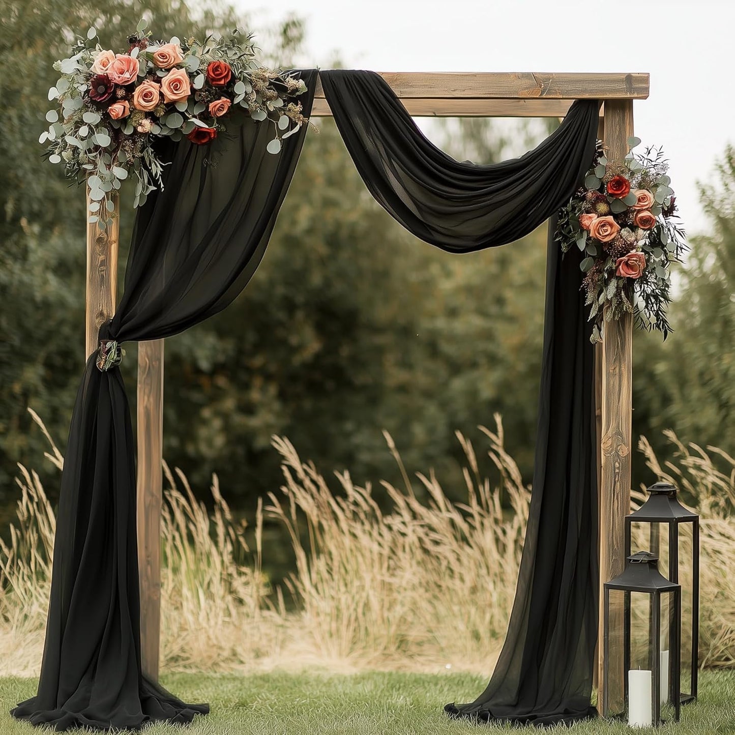 Wedding Arch Draping Fabric 2 Panels 28.7" x 20FT Black Sheer Chiffon Backdrop Drapes for Wedding Ceremony Birthday Party Bridal Shower Outdoor Decoration