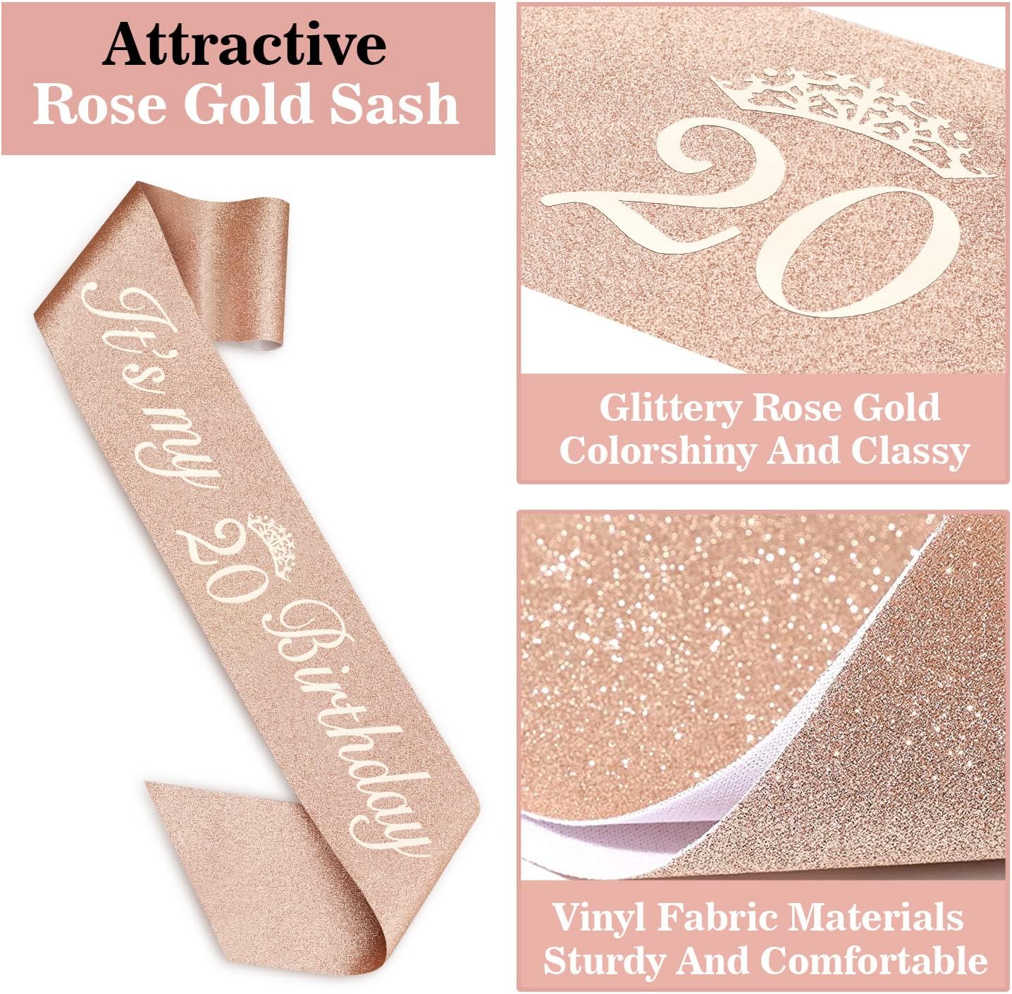 20th Birthday Decorations for Women Including Sash, Crown, Cake Topper and Candles, 20th Birthday Gifts for Women, Rose Gold Party Favor Supplies