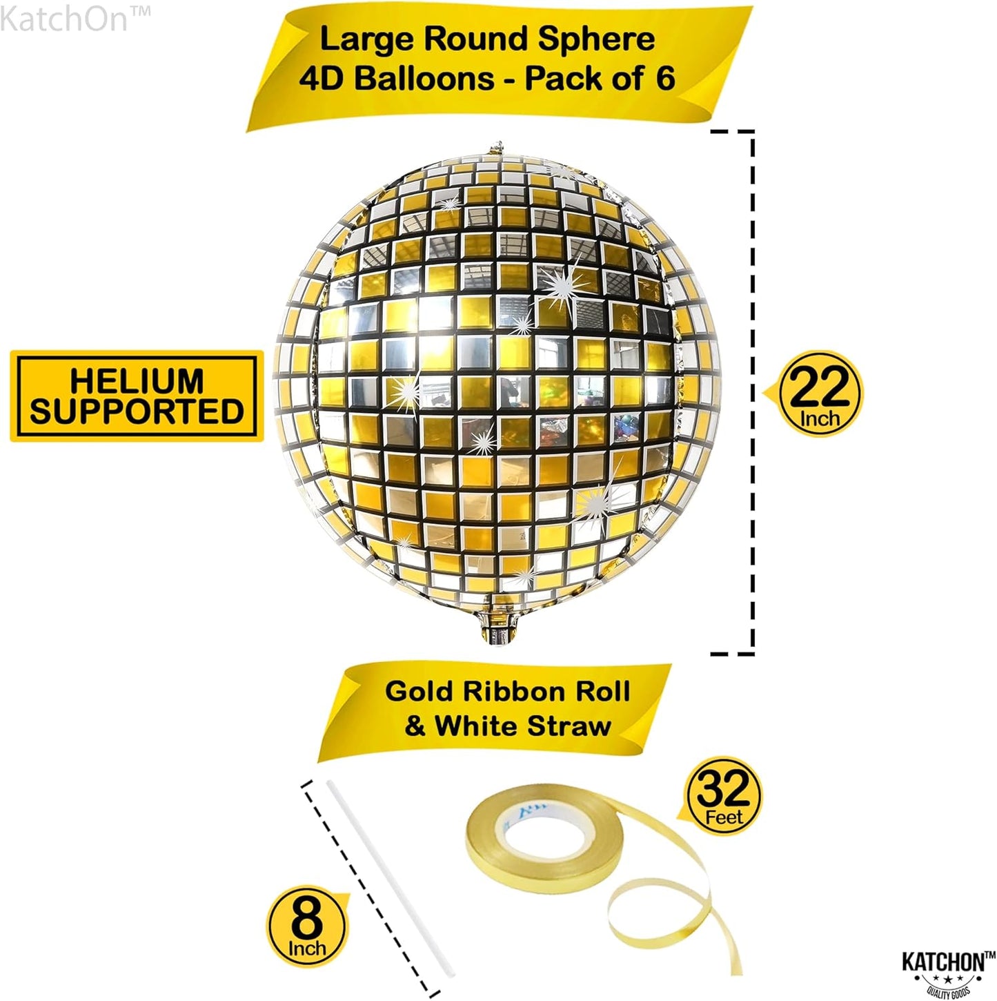 KatchOn, Huge Gold Disco Ball Balloons - 22 Inch, Pack of 6 | 4D Metallic Disco Balloons For Disco Party Decorations | Graduation Balloon, Gold Graduation Decorations 2025 | Birthday Party Décor