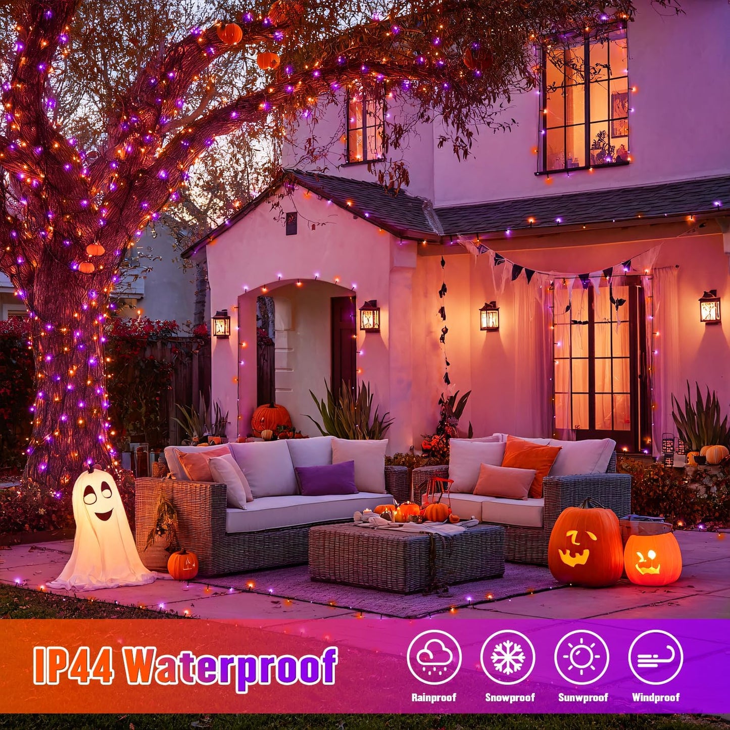 JMEXSUSS Orange and Purple Solar Halloween Lights, 2 Pack Each 100 Led Solar String Lights Outdoor Waterproof for Halloween Tree Christmas Decoration