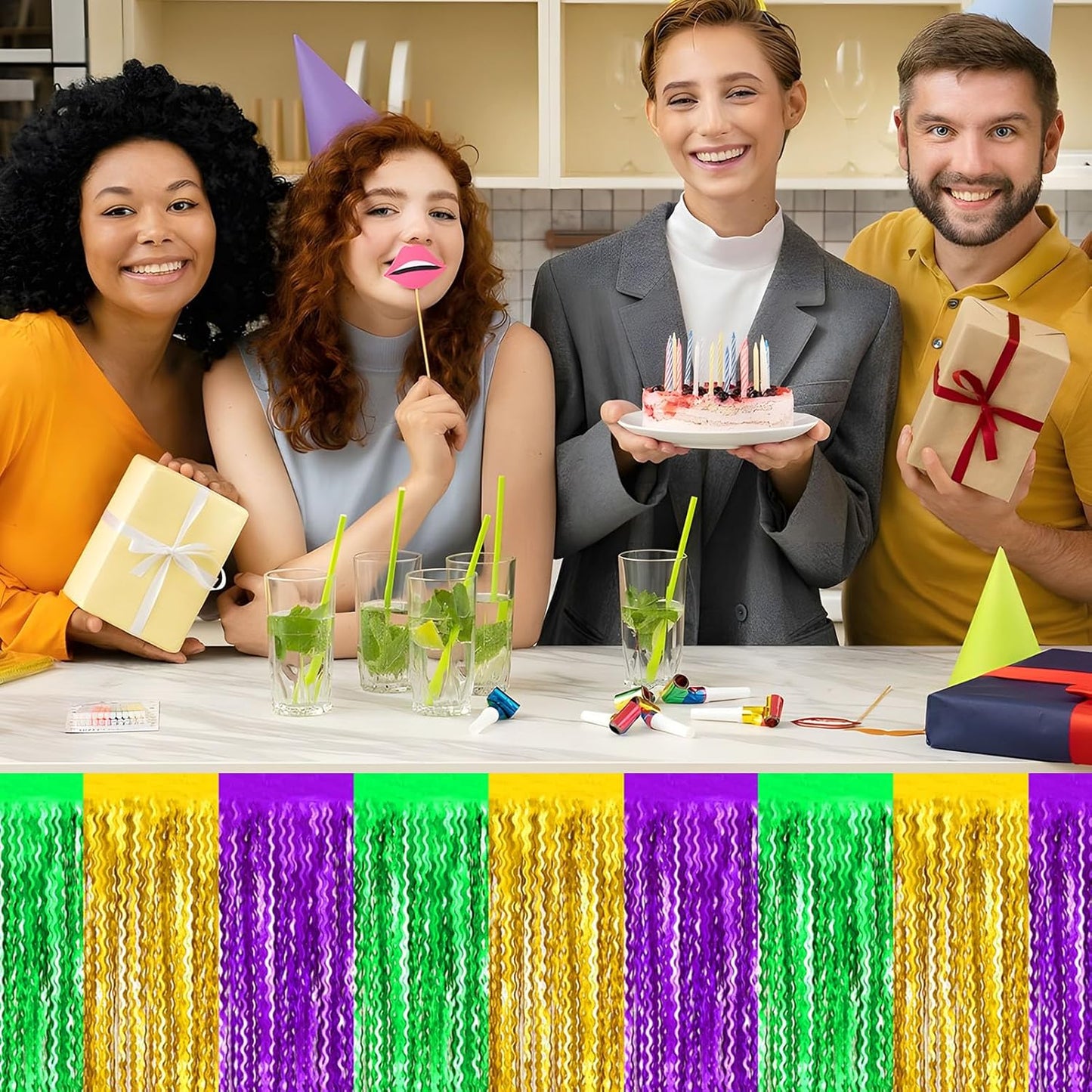 6 Pack 29x108 Inch Gold Green Purple Wave Foil Fringe Table Skirts Metallic Banner for Tinsel Streamer Garland Backdrop for Parade Floats Wedding, Mother's Day, Birthday Mardi Gras Party Decorations