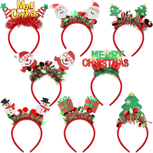 Aodaer 8 Pack Christmas Headbands Glitter Xmas Headband Costume Headwear Assorted Styles Snowman Santa Christmas Tree Gift Headband for Christmas Party Favors