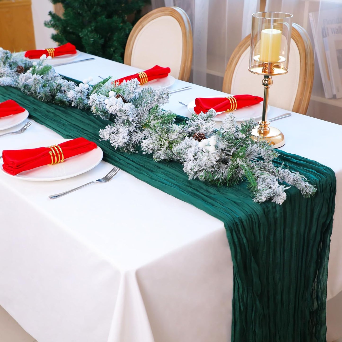 Snowkingdom Emerald Green Table Runner 120 Inch 10 Ft Rustic Boho Dark Green Cheese Cloth Runner for Wedding Bridal Baby Shower Birthday Party Christmas Sheer Gauze Home Table Centerpiece Deocrations