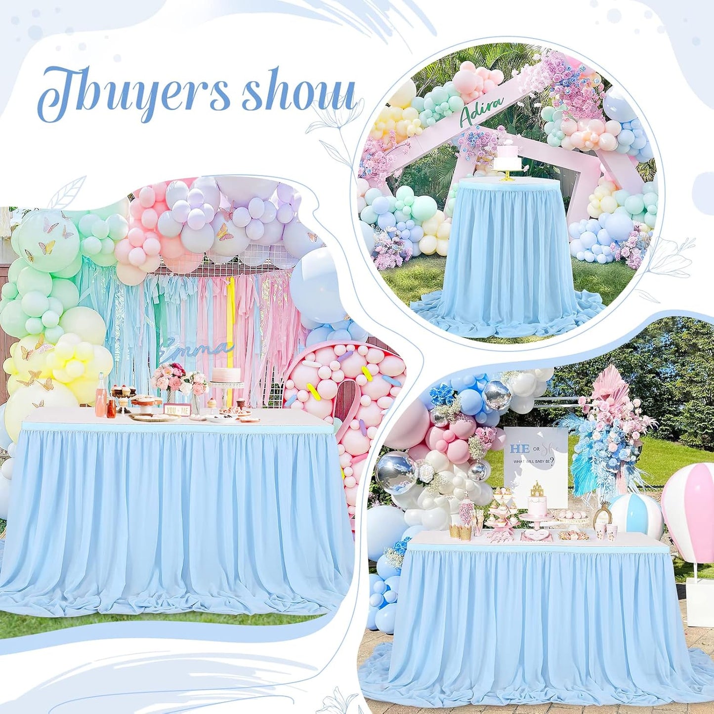 QueenDream 6ft Baby Blue Chiffon Table Skirt for Rectangle Table Sheer Tablecloth for Baby Shower Wedding Birthday Mermaid Theme Party