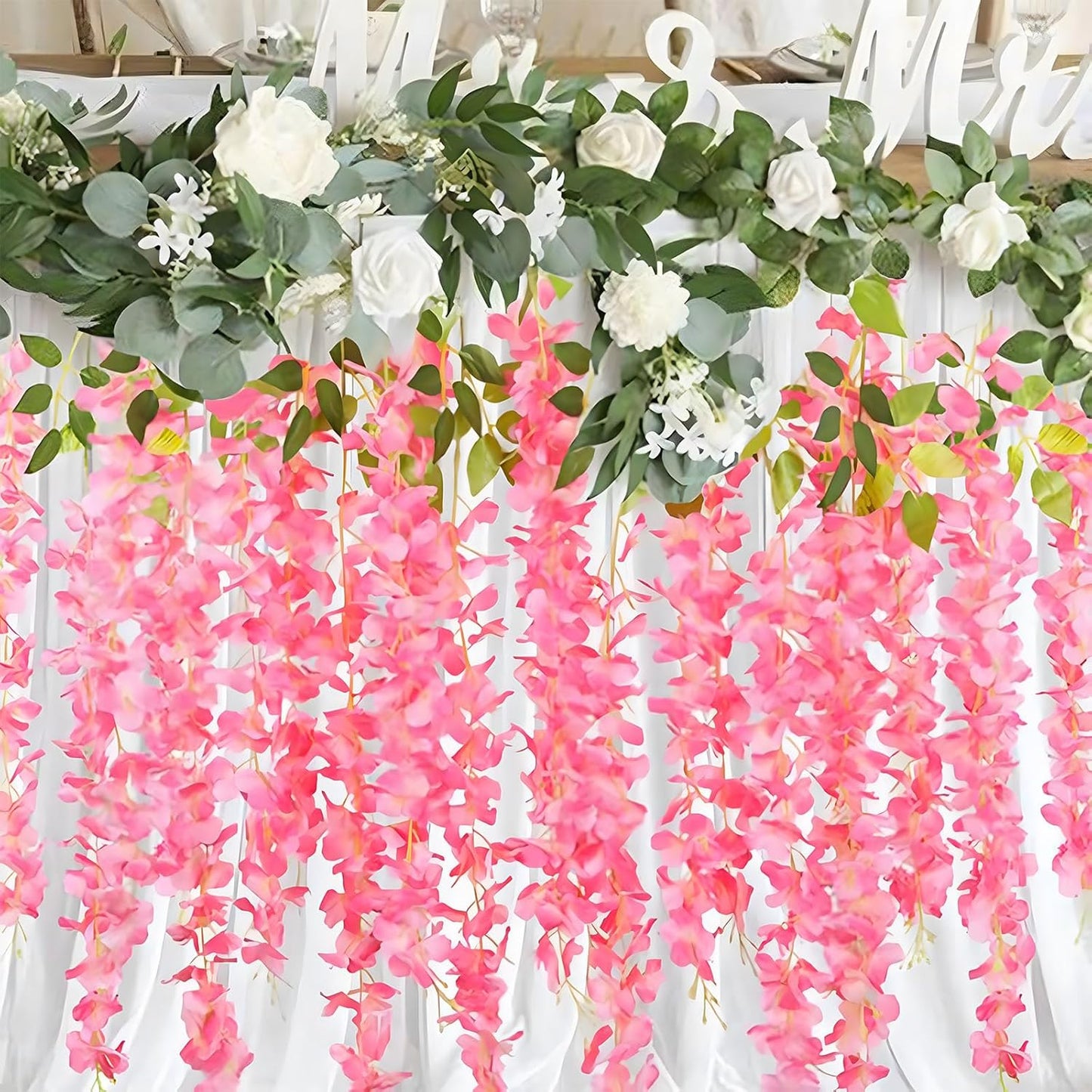 12 Pack Dark Pink Wisteria Hanging Flowers Garland with Lights, 3.44 Feet Artificial Flower Vines, Fake Wisteria, Artificial Vines Hanging Garland for Backdrop Outdoor Patio Garden Decor