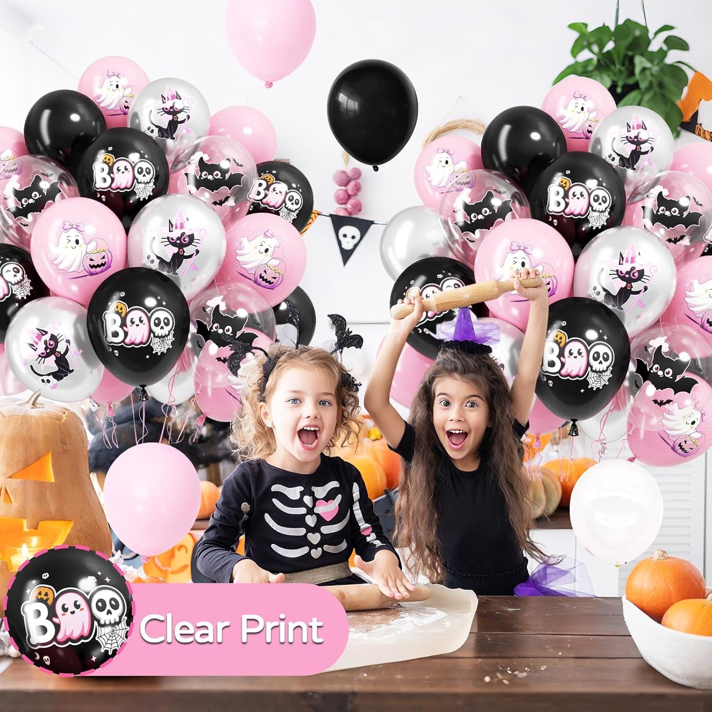 Halloween Party Balloons Decorations,12 Inch Pink and Black Balloons Set Pink Silver Print Balloon Cute Balloon for Halloween Themed Party Supplies