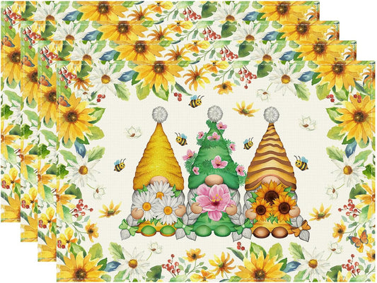 XCHI Daisies Flowers Gnomes Spring Placemats Set of 4 Table Mats Summer Seasonal Table Decorations 12x18 Inch