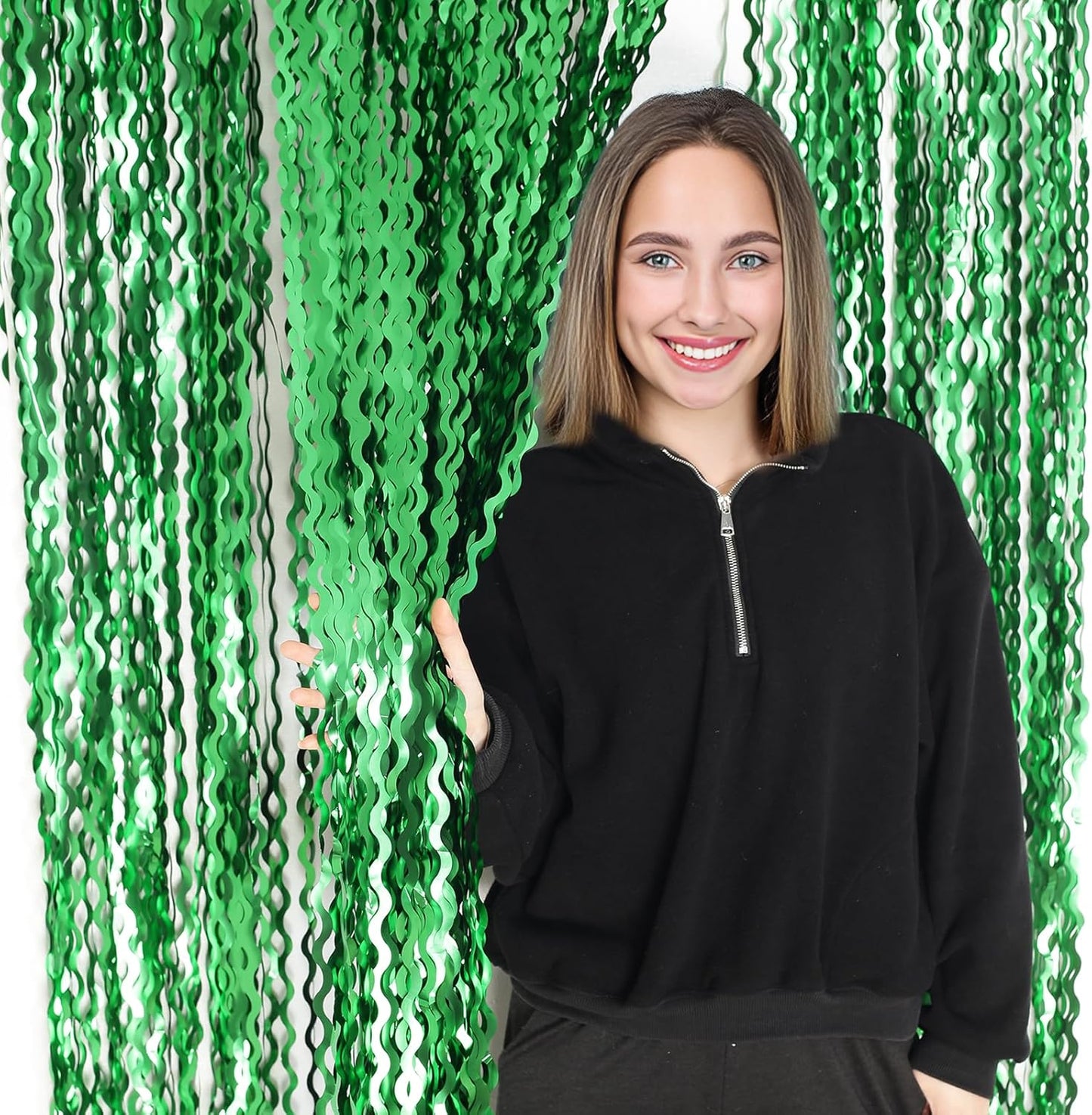 4Pcs Wavy Green Fringe Backdrop -3.3x6.6ft Green Streamer Foil Curtains for Jungle Party Decorations | St Patricks Day Decorations | Football Decorations | Xmas