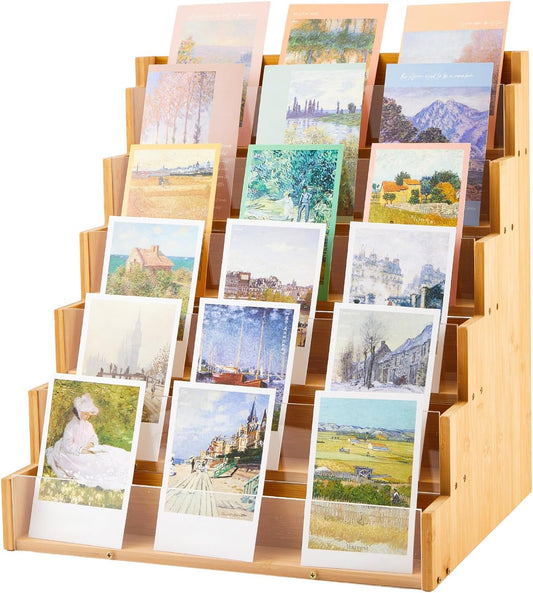 6 Tier Greeting Card Display Stand Wood Color Bamboo and Acrylic Sticker Display Stand Trading Card Holder Retail Photos Shelf for Vendors Craft Collection & Show