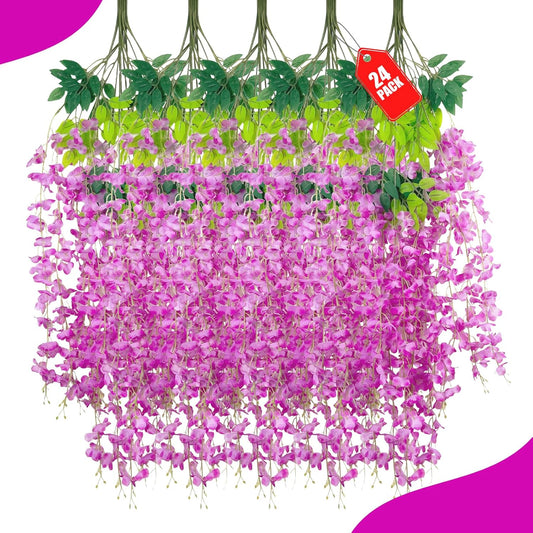 24 Pack Purple Red Wisteria Hanging Flowers, 3.4 Ft Fake Hanging Flowers, Artificial Wisteria Garland Vines for Wedding Room Backdrop Outdoor Patio Garden Decoration