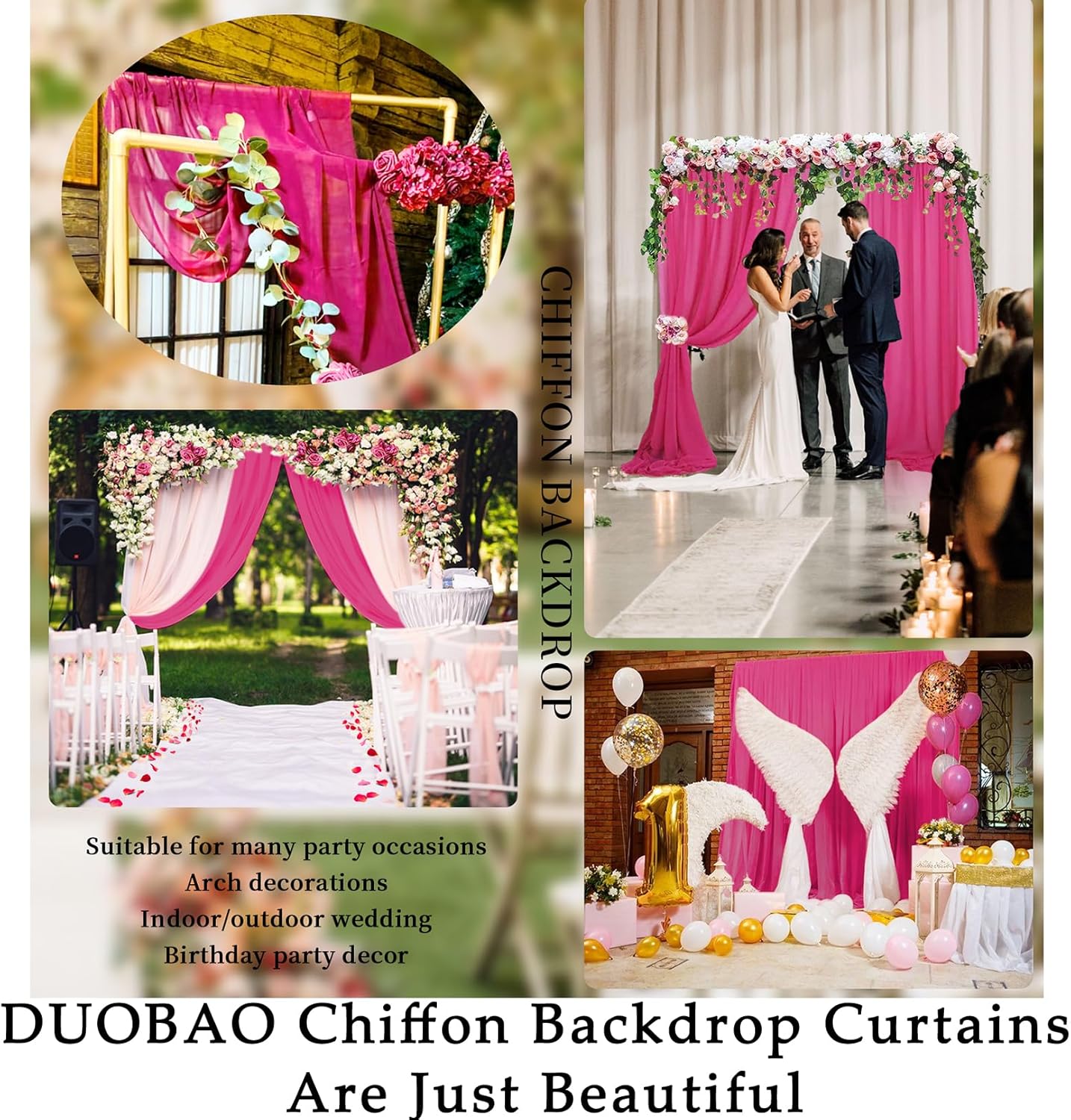 DUOBAO Hot Pink Chiffon Backdrop Curtains - 2 Panels 29"x96" - Wedding Sheer Backdrops for Elegant Living Room Voile Window Drapes Photography Wedding Ceremony Decor